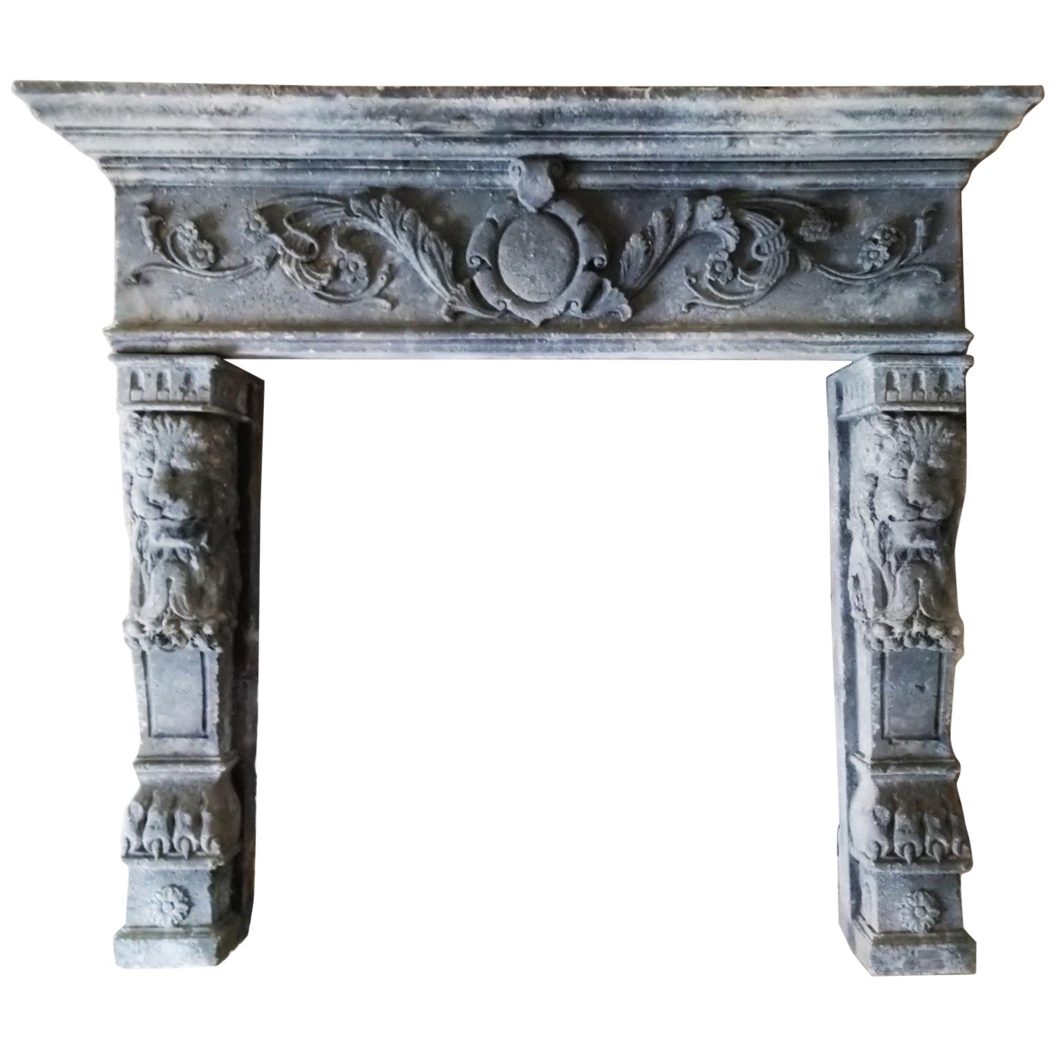 Late 19th Century Italian Stone Surround with Lions and Lion Paws For Sale