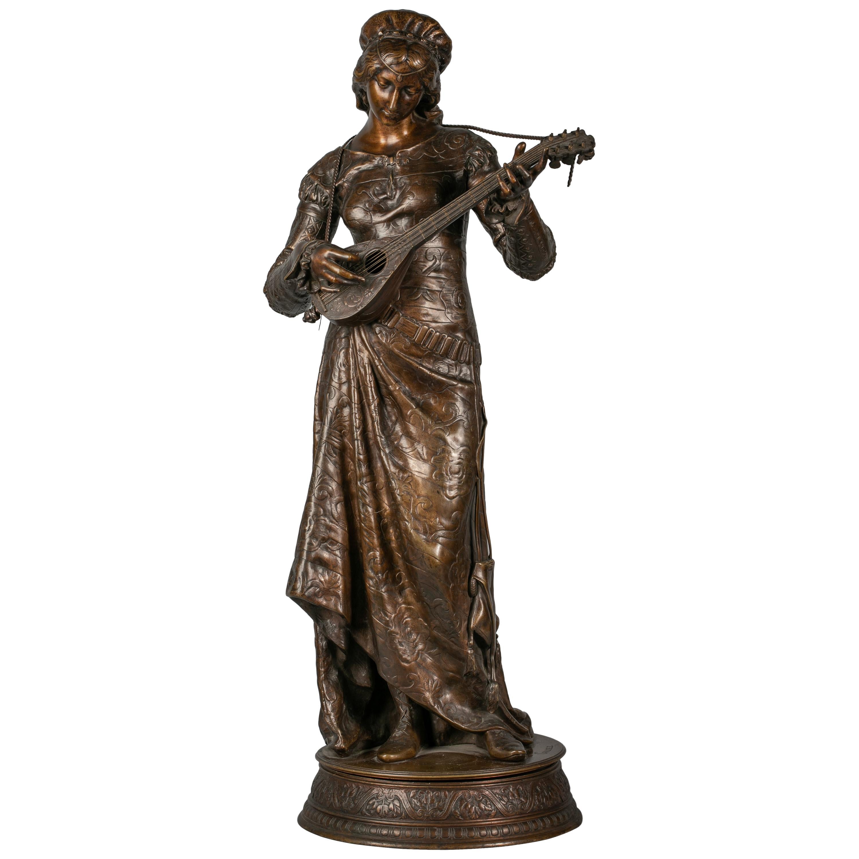 French Bronze Figure of Lady Playing a Lute, Adrien Etienne Gaudez, circa 1875