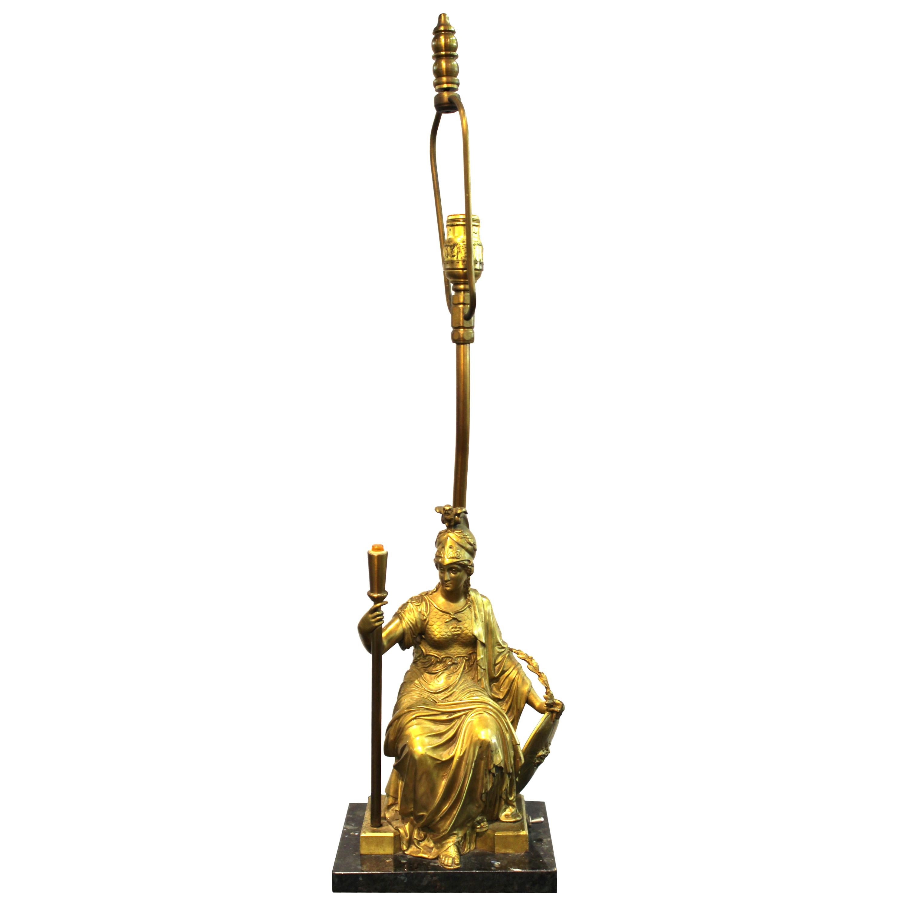 French Neoclassical Revival Style Table Lamp With Seated Bronze Athena Sculpture