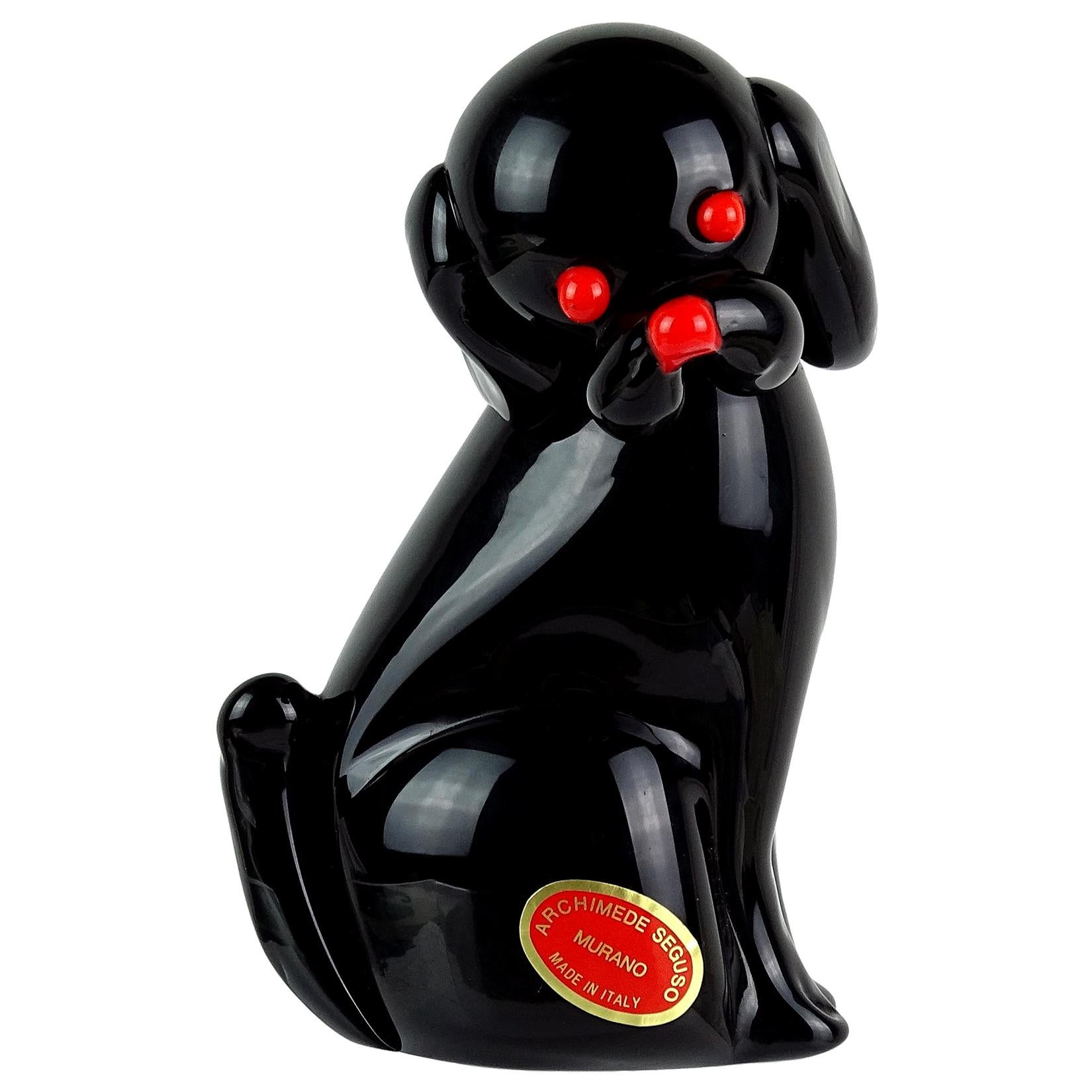 Archimede Seguso Murano Black Red Italian Art Glass Puppy Dog Figurine Sculpture