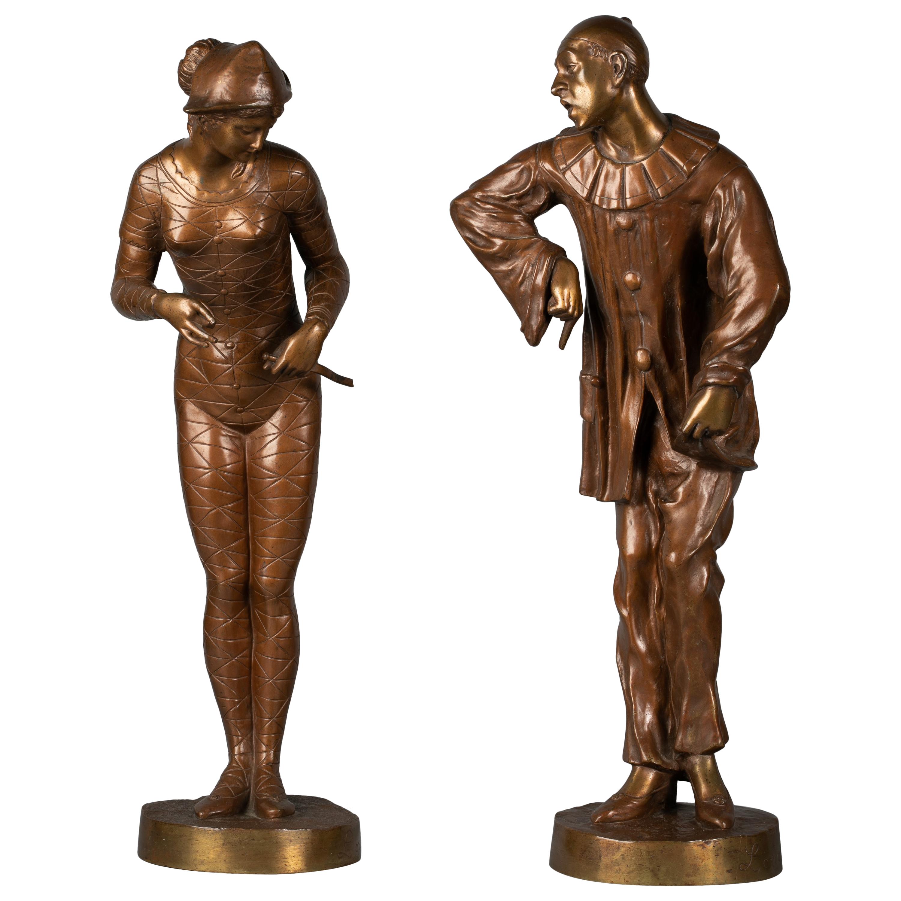 Pair of Bronze Figures from the Commedia  Dell'arte, 20th Century For Sale