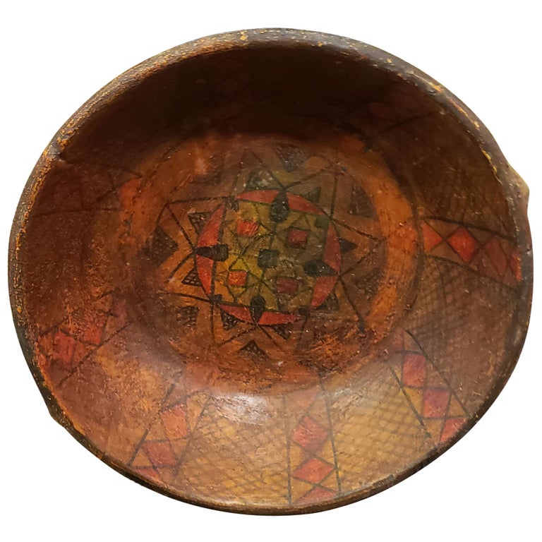 Old Moroccan Hand Painted Wooden Plate, Antique Red For Sale