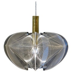 1970s Sculptural  Lucite, Wire and Brass Pendant Lamp