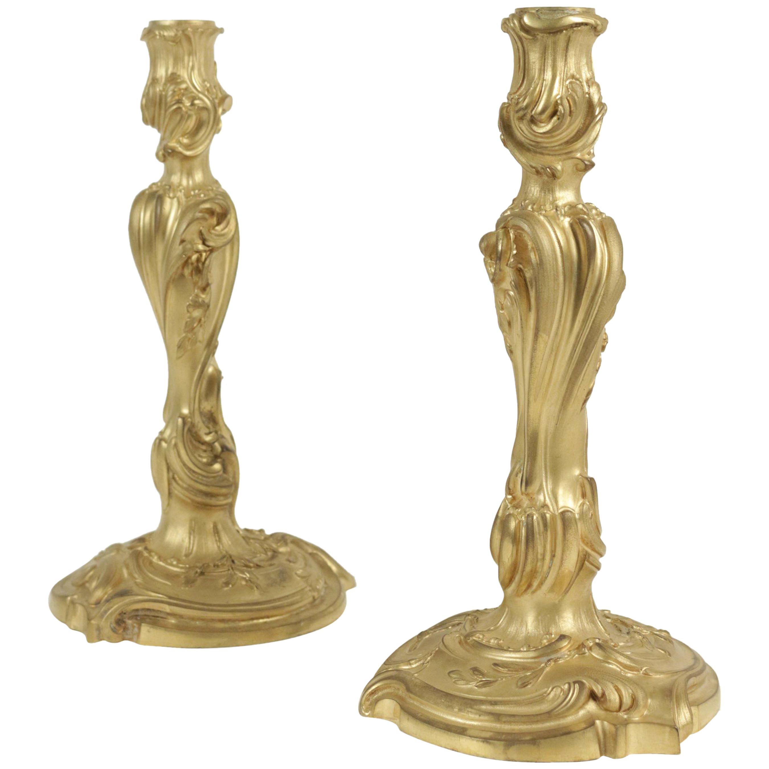 Pair of Candlesticks in Bronze from the 19th Century in the Louis XV Style