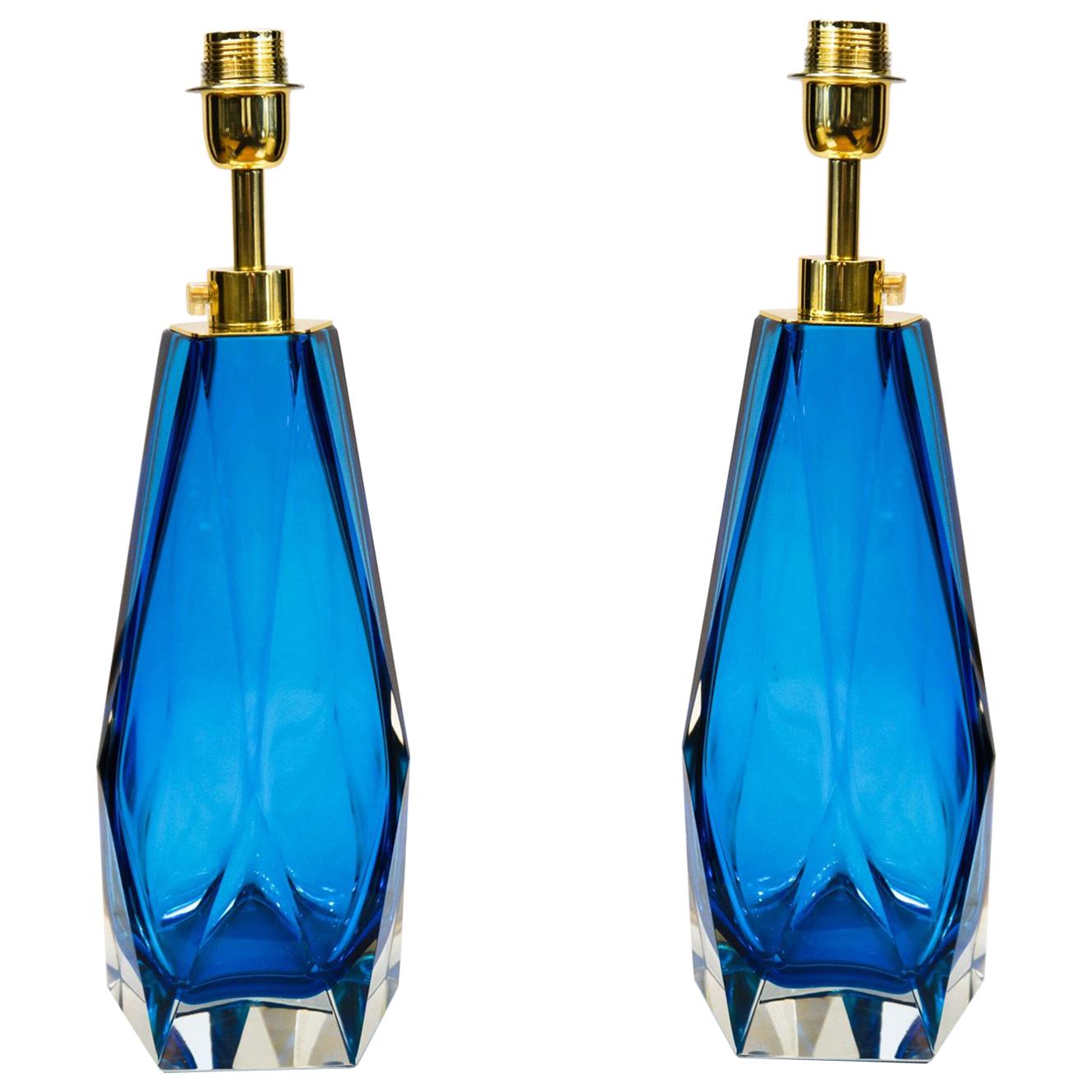 Alberto Donà Mid-Century Modern Aquamarine Two of Murano Glass Table Lamps, 1995