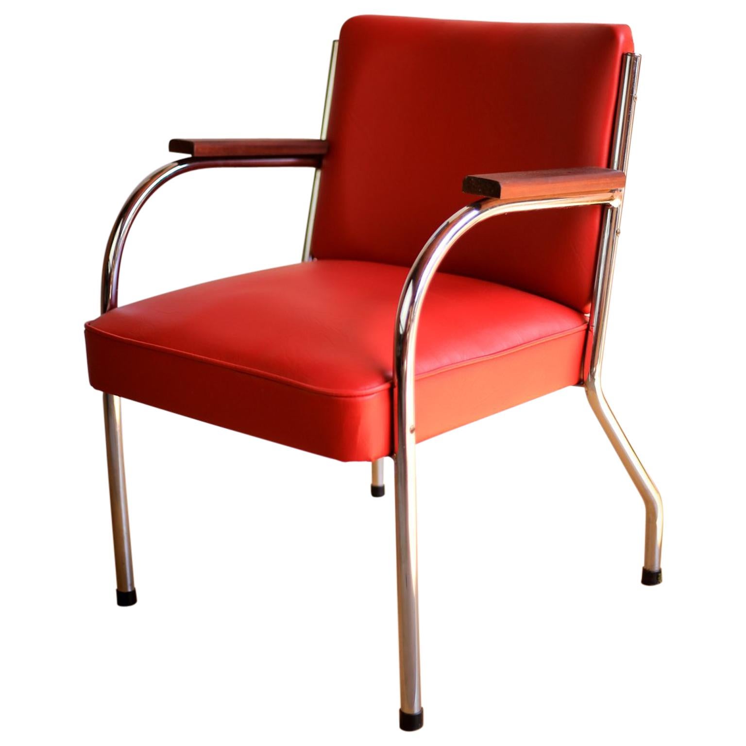 Vintage Bauhaus Tubular Chromed Steel and Red Vinyl Waiting Room Chairs