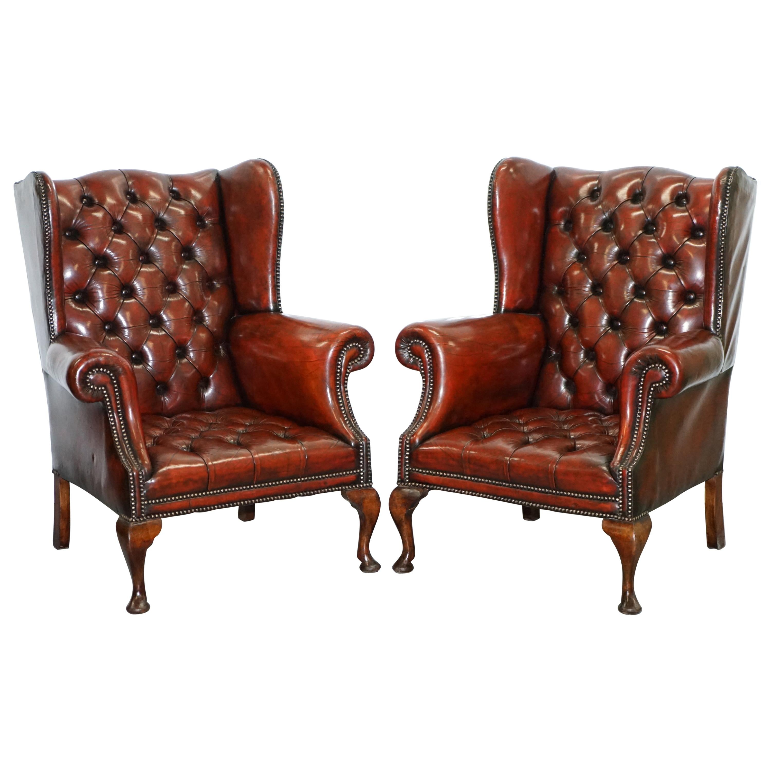 1930s Pair of Restored Chesterfield Fully Buttoned Wingback Armchairs Leather