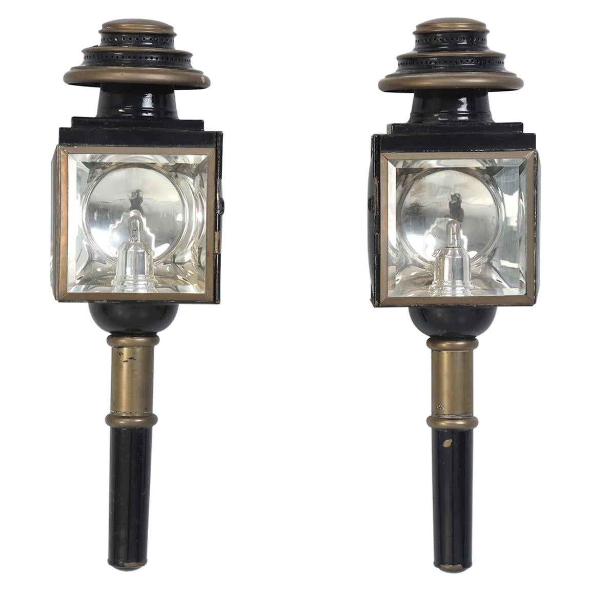 Pair of Antique Coach Lights or Lanterns, Converted into Sconces