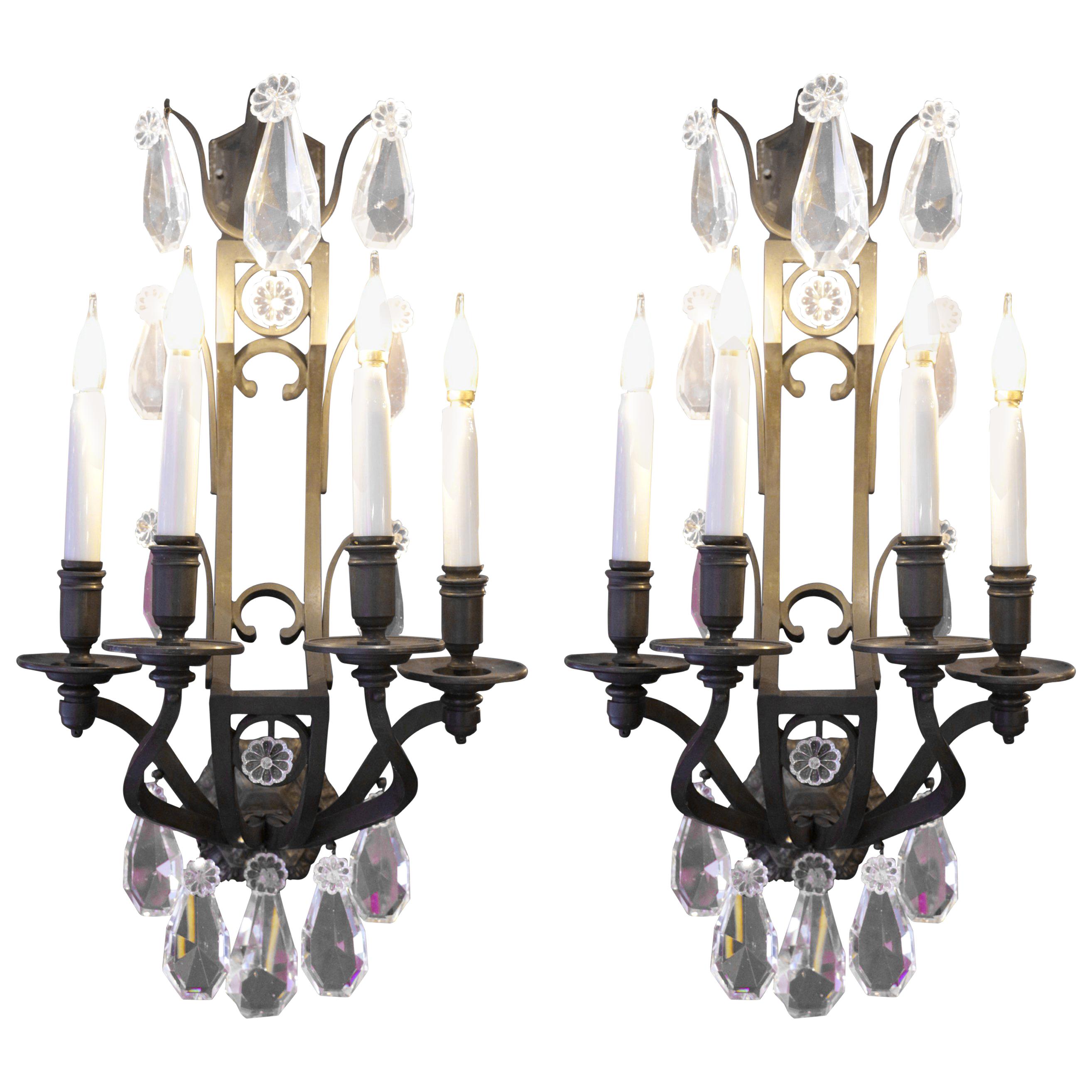 Pair of Important Sconces in Bronze with Crystals from the 19th Century