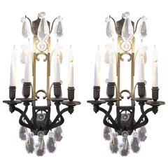 Antique Pair of Important Sconces in Bronze with Crystals from the 19th Century