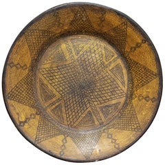 Old Moroccan Hand Painted Wooden Plate, Vintage Yellow