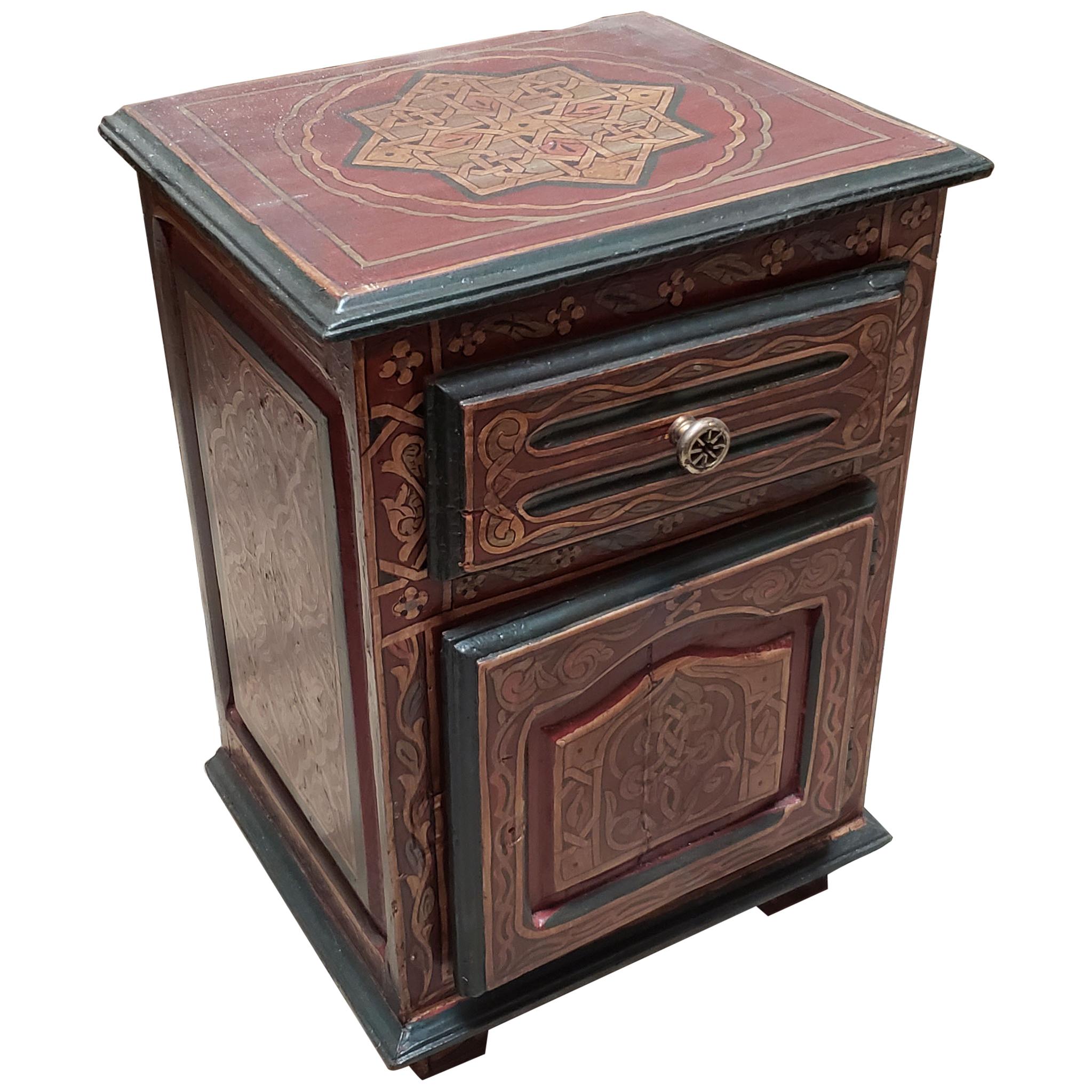 Moroccan Antique Wooden Nightstand, Hand Painted For Sale