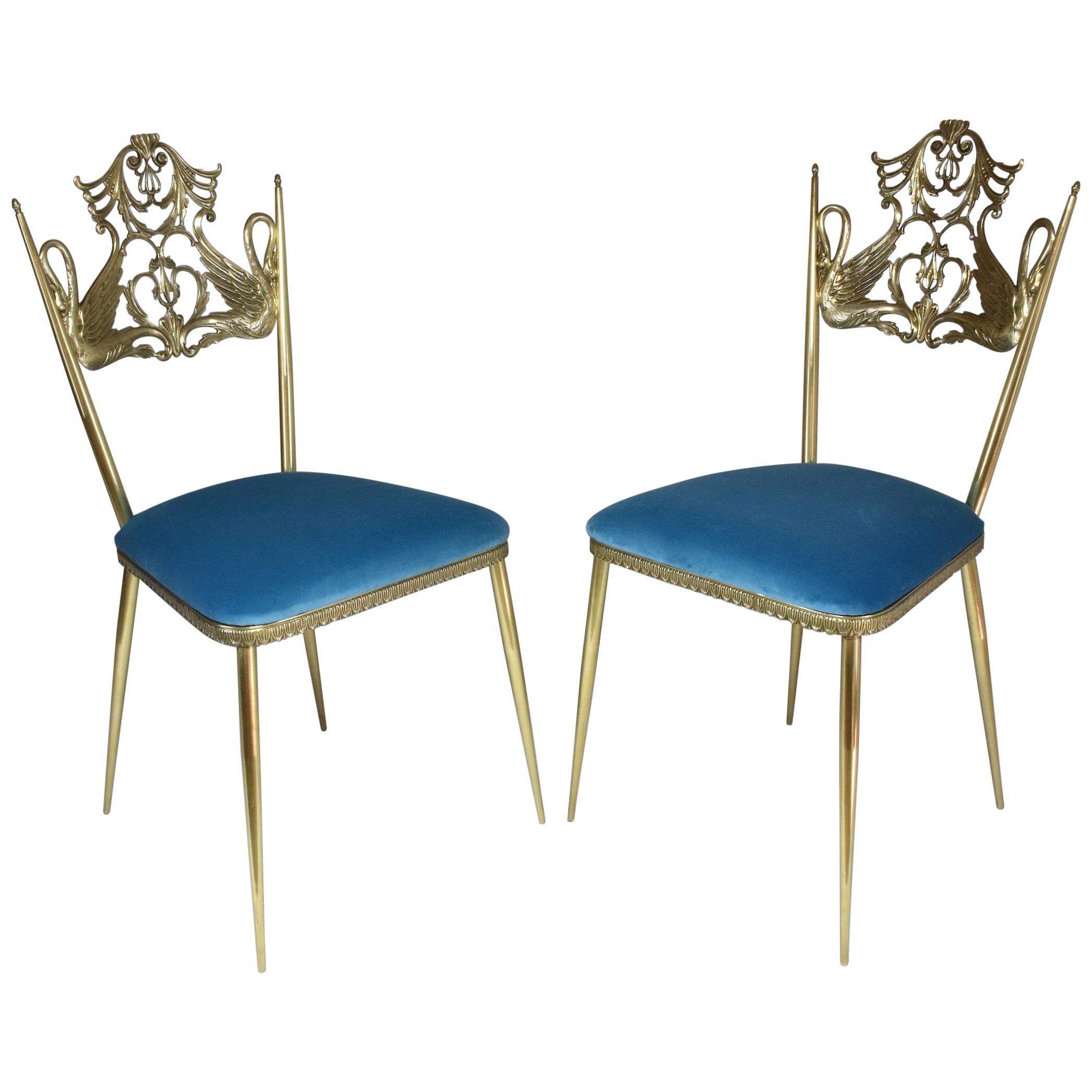 20th Century Pair of Italian Vintage Brass Velvet Swan Chairs, 1950s