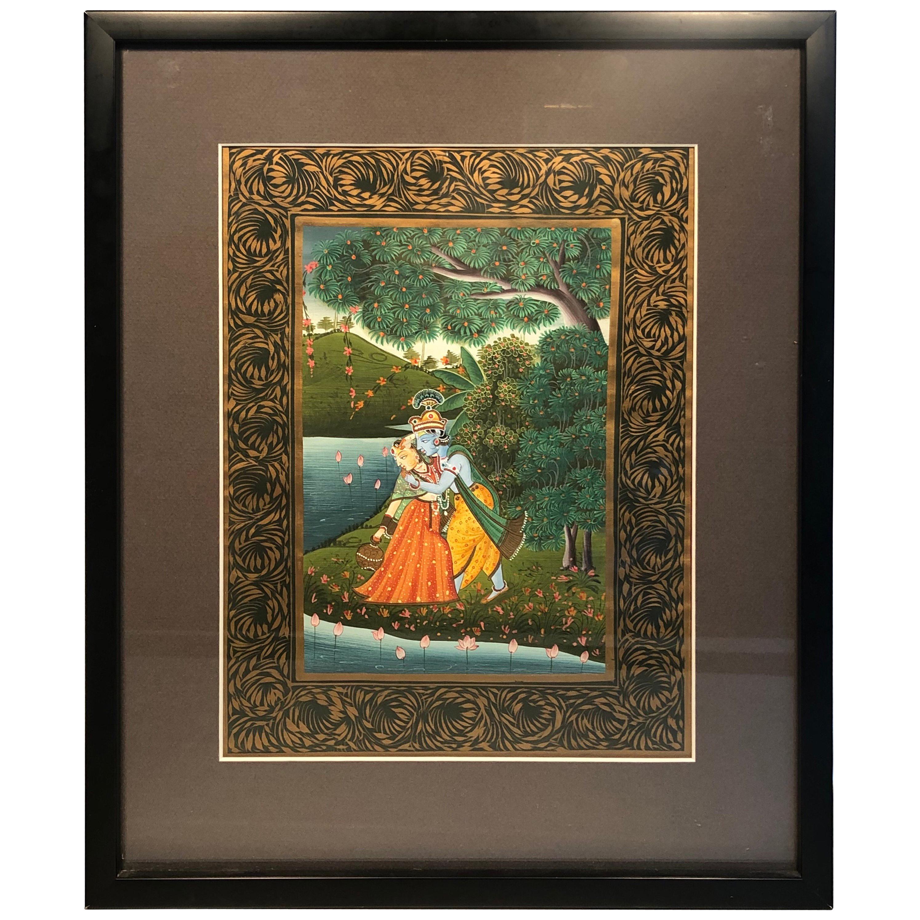Radha and Krishna Gouache Love Scene Miniature Painting, India SALE 