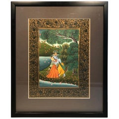 Vintage Radha and Krishna Gouache Love Scene Miniature Painting, India SALE 