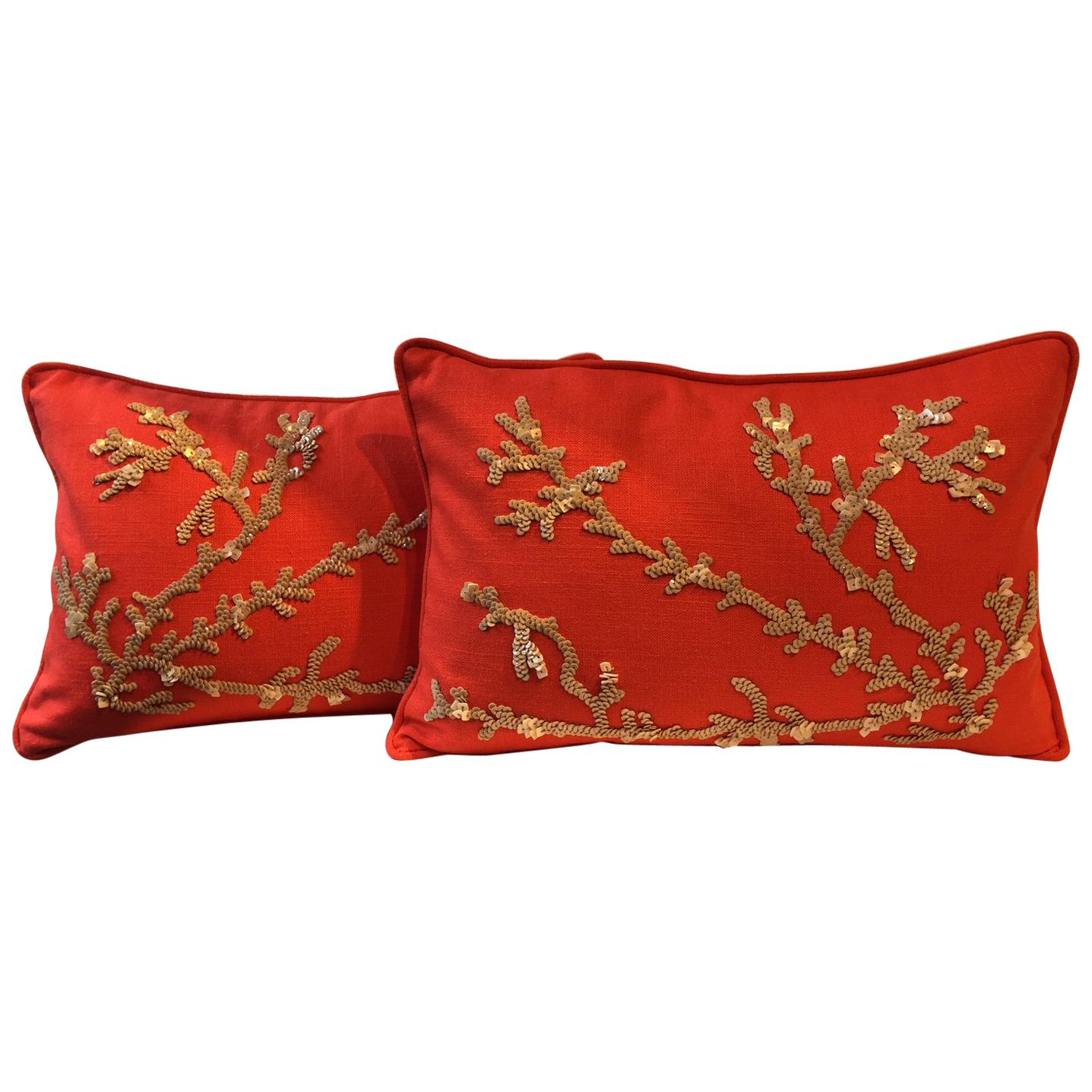 Set of Hand Embroidered Coral Cushions on Linen Color Coral Red