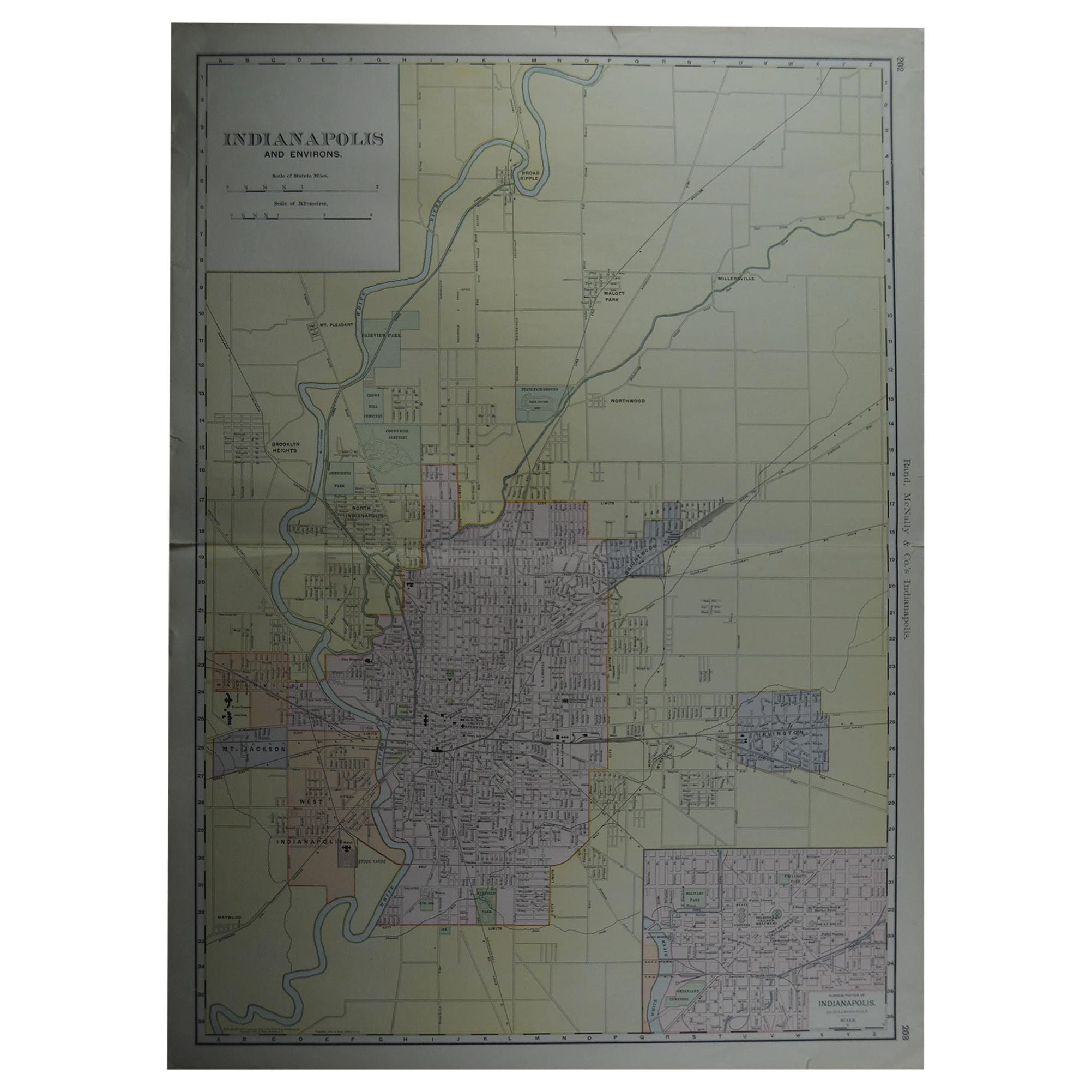 Large Original Antique City Plan of Indianapolis, USA, circa 1900