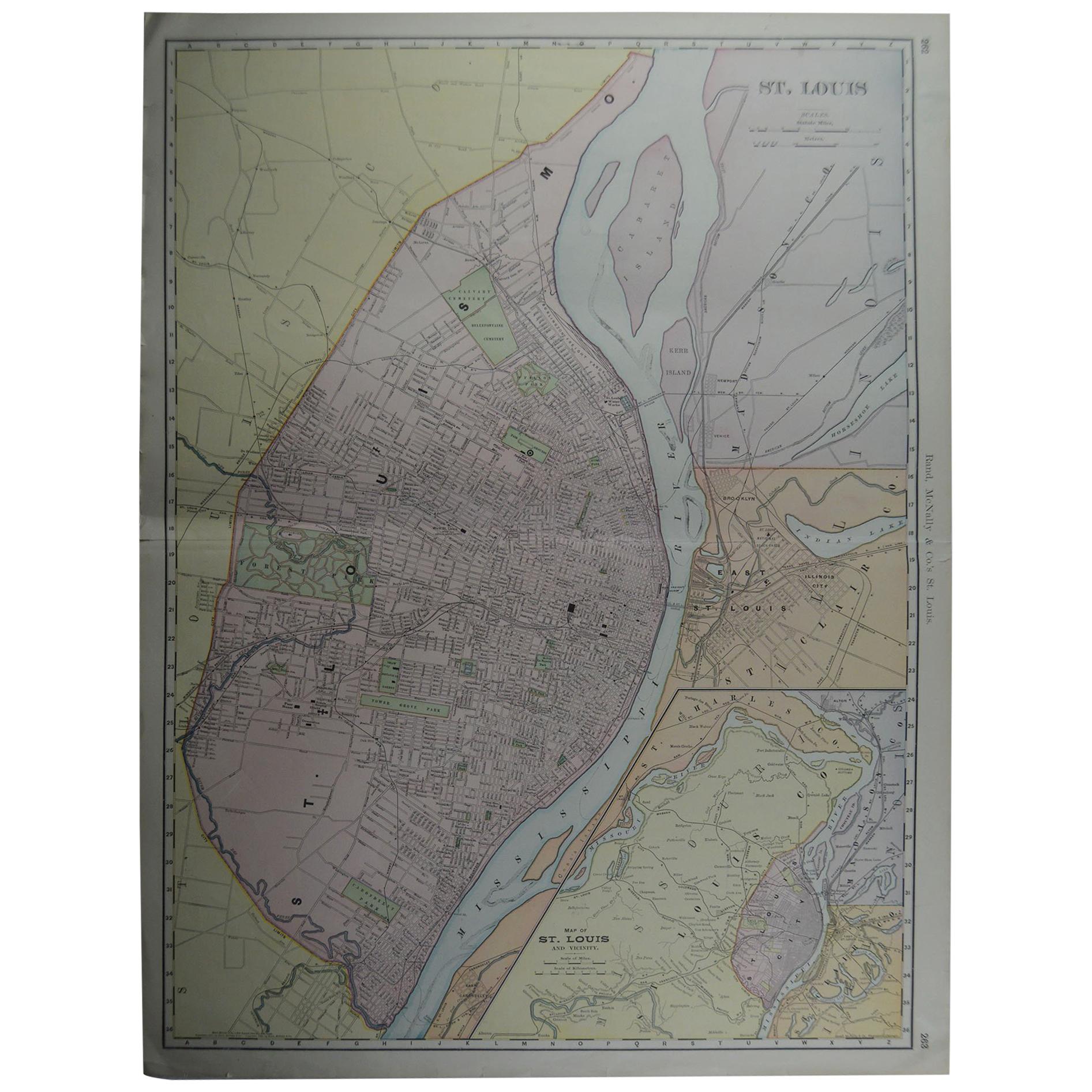 Large Original Antique City Plan of St Louis, USA, circa 1900