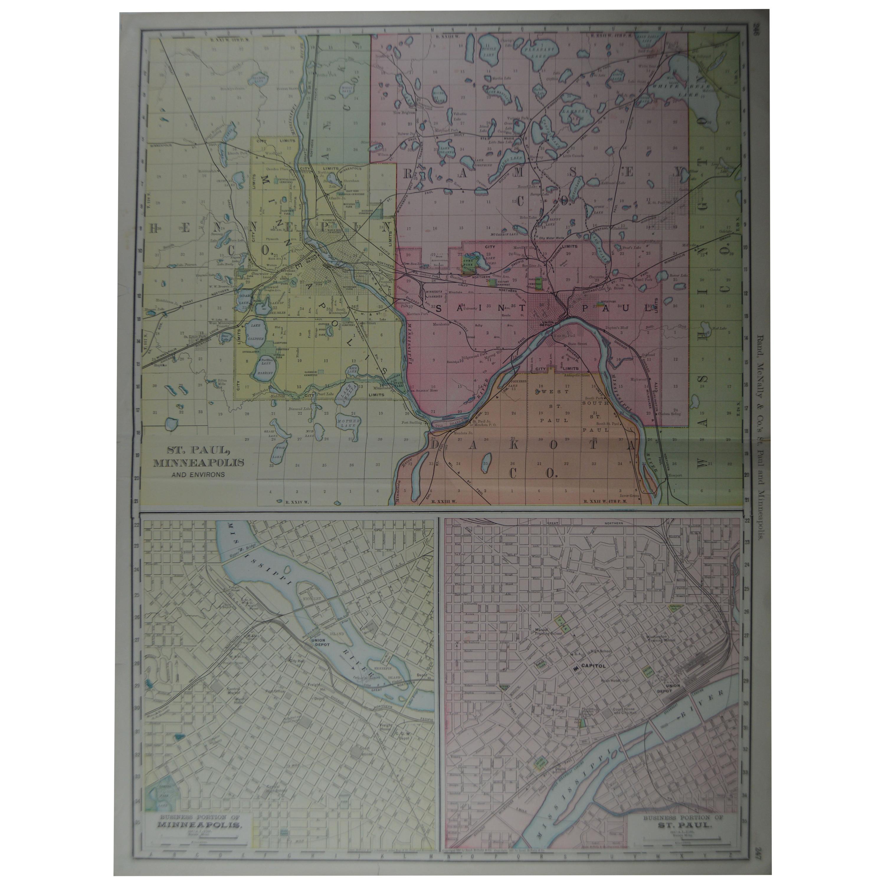 Large Original Antique City Plan of Minneapolis and St Paul, USA, circa 1900