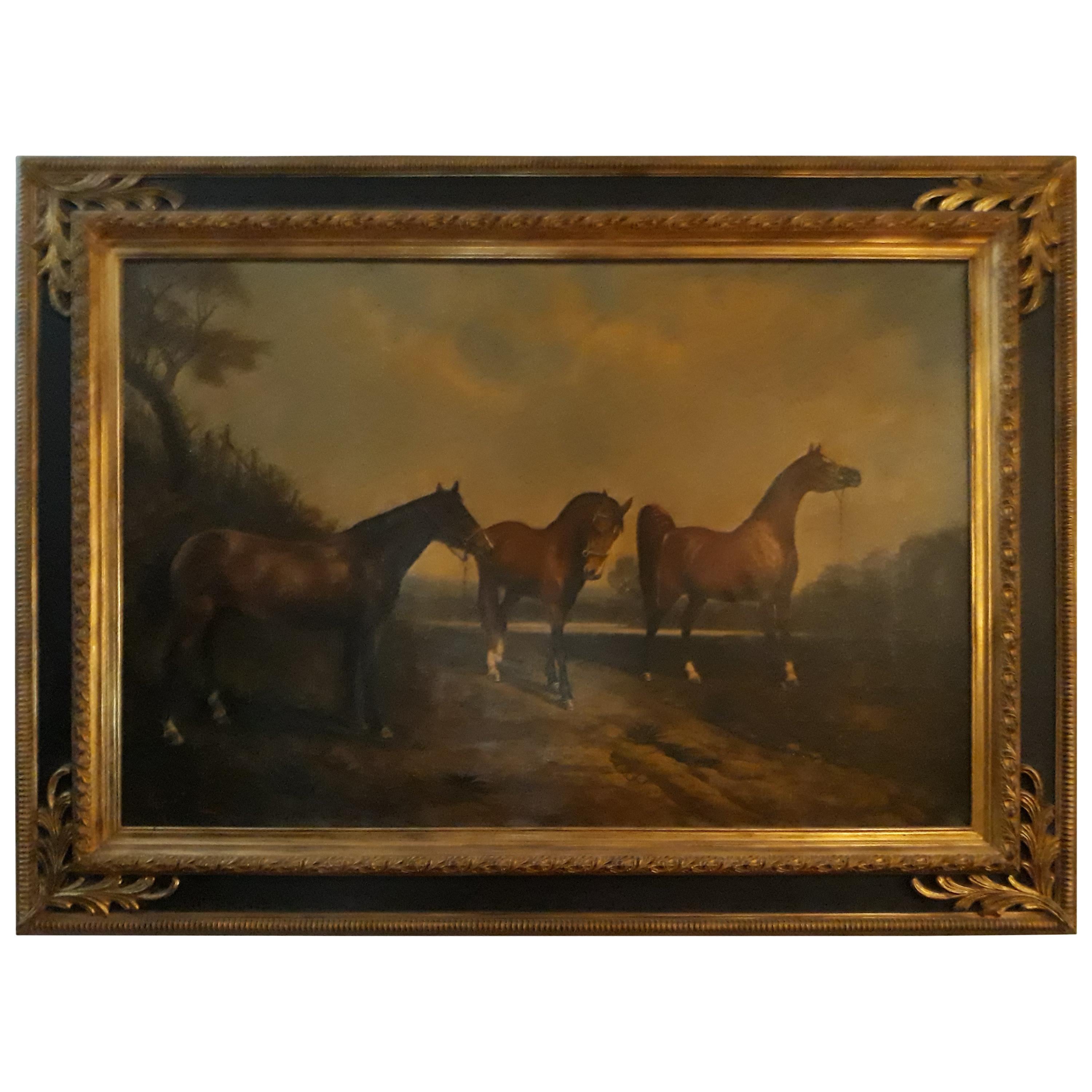 Mark Mayer impressive oil on canvas, 20th century, horse scene
Size: Width 150 cm, height 110 cm, depth 7 cm.
 