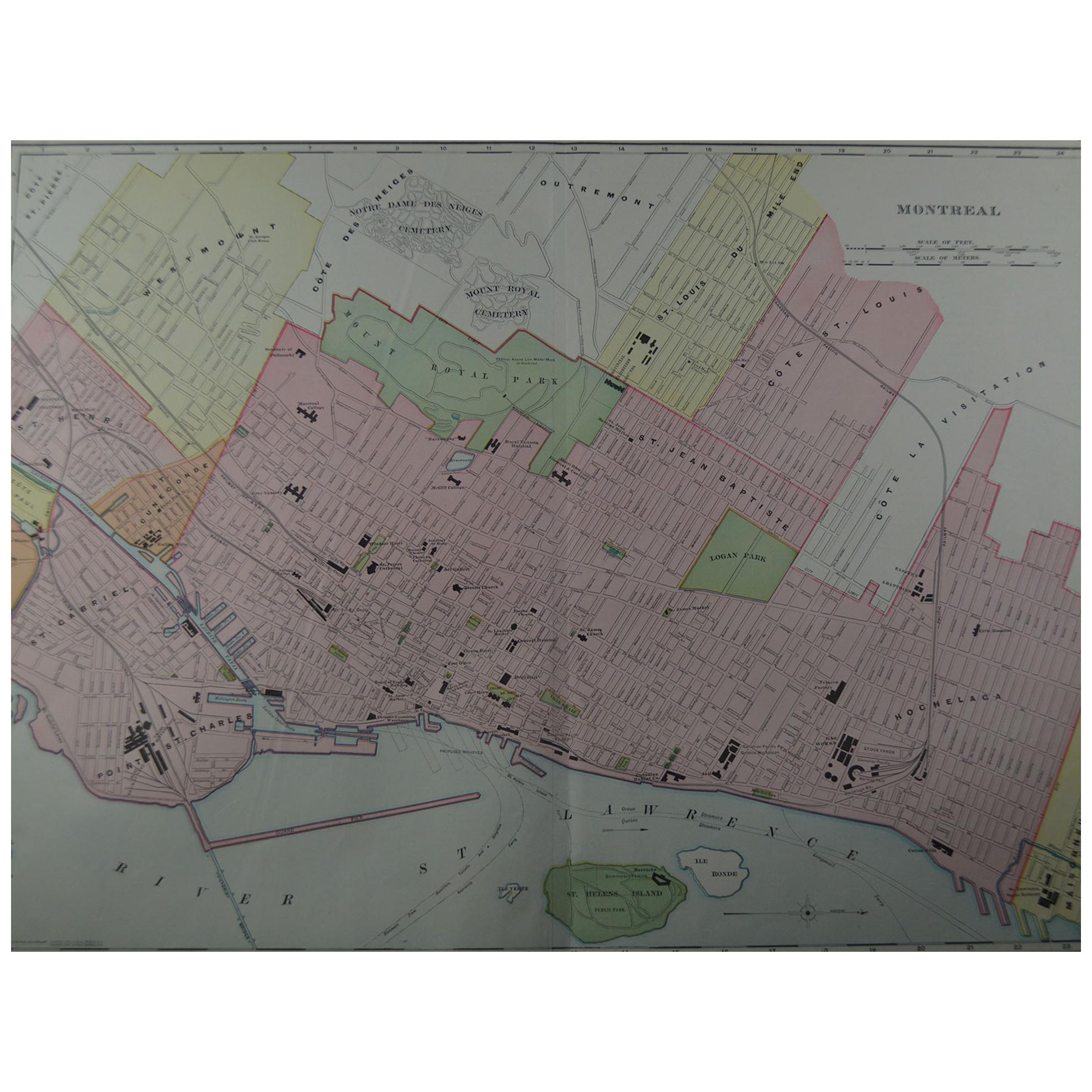 Large Original Antique City Plan of Montreal, Canada, circa 1900