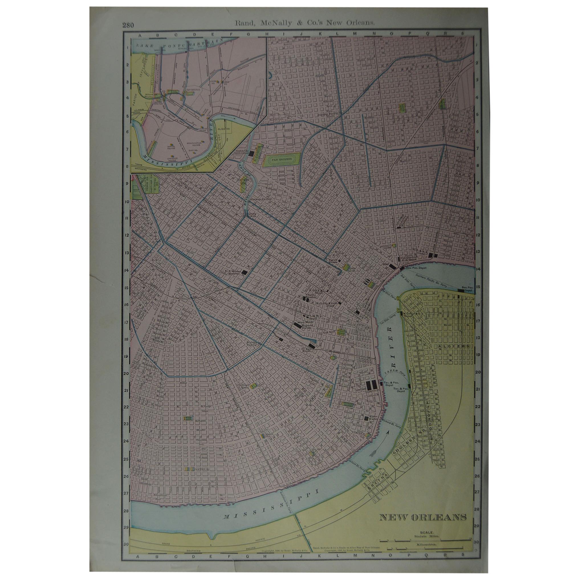 Original Antique City Plan of New Orleans, USA, circa 1900