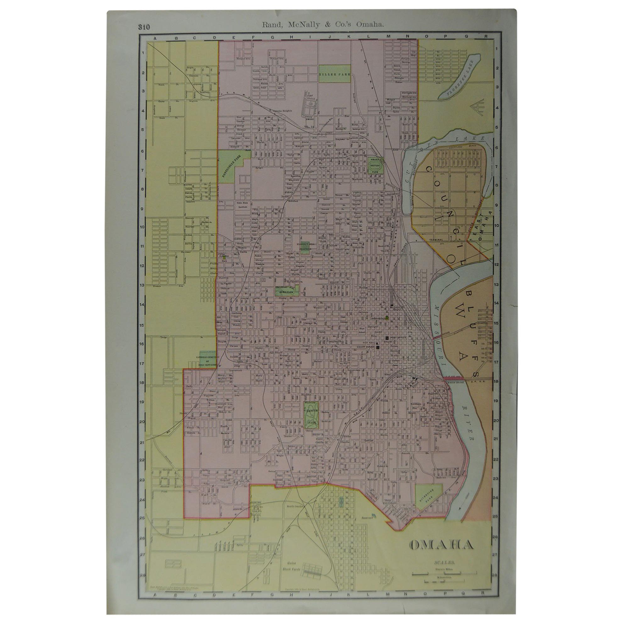 Original Antique City Plan of Omaha, Nebraska, USA, circa 1900