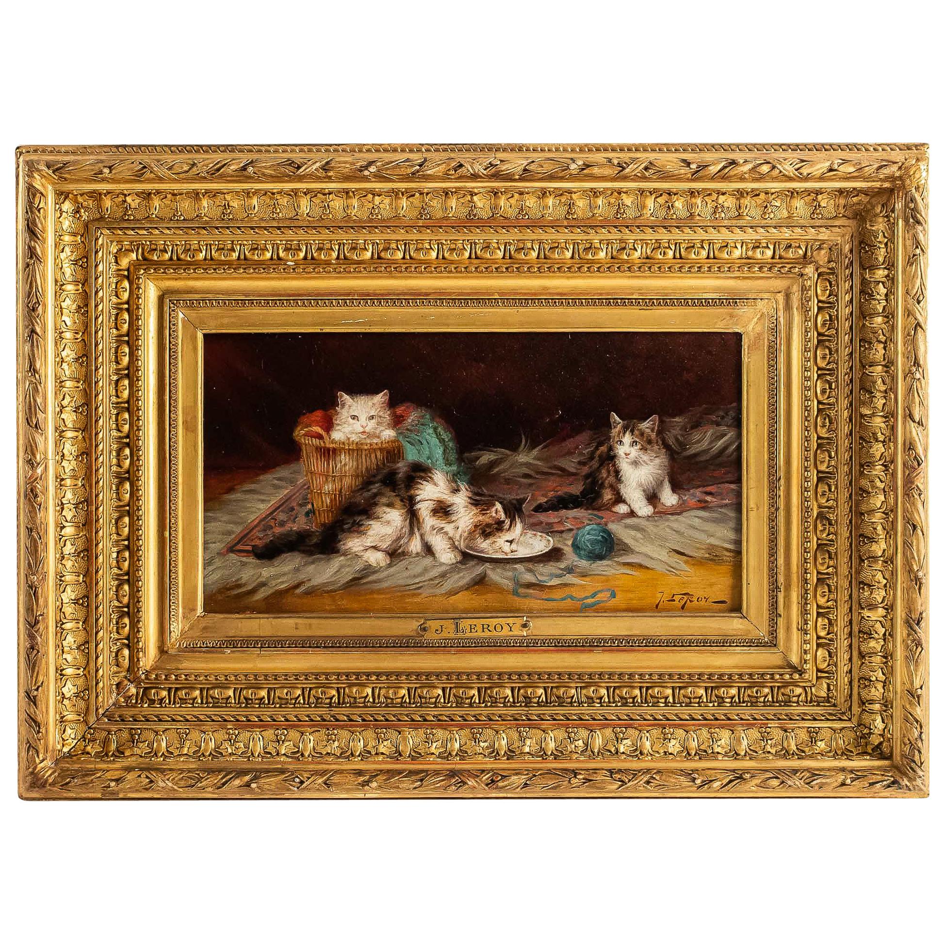 Jules Gustave Leroy Oil on Panel Three Cats and a Ball of Wool circa 1890-1900 For Sale