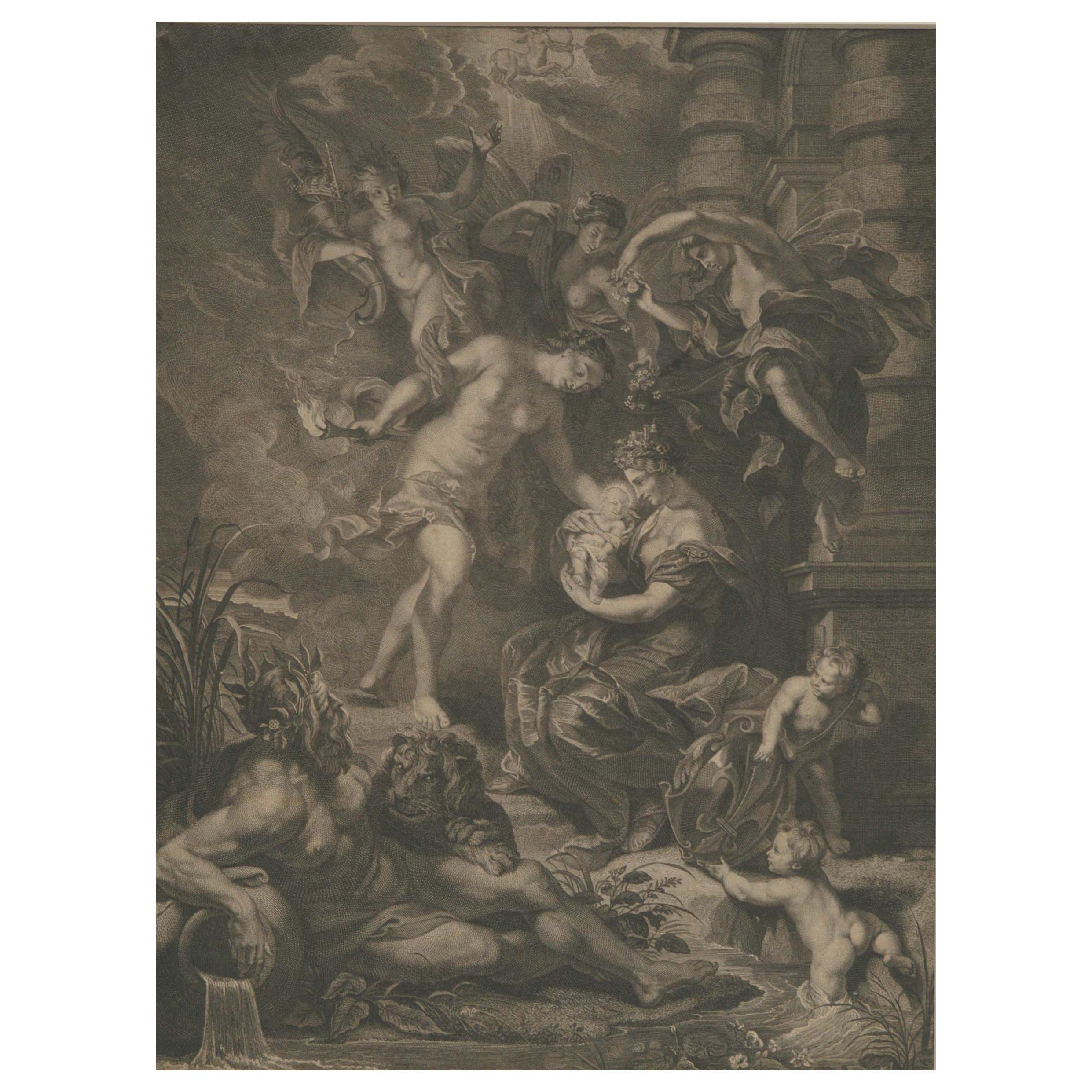 Peter Paul Rubens "Naissance de Maria De Medici", 1710, Etching, Jean M.Nattier For Sale