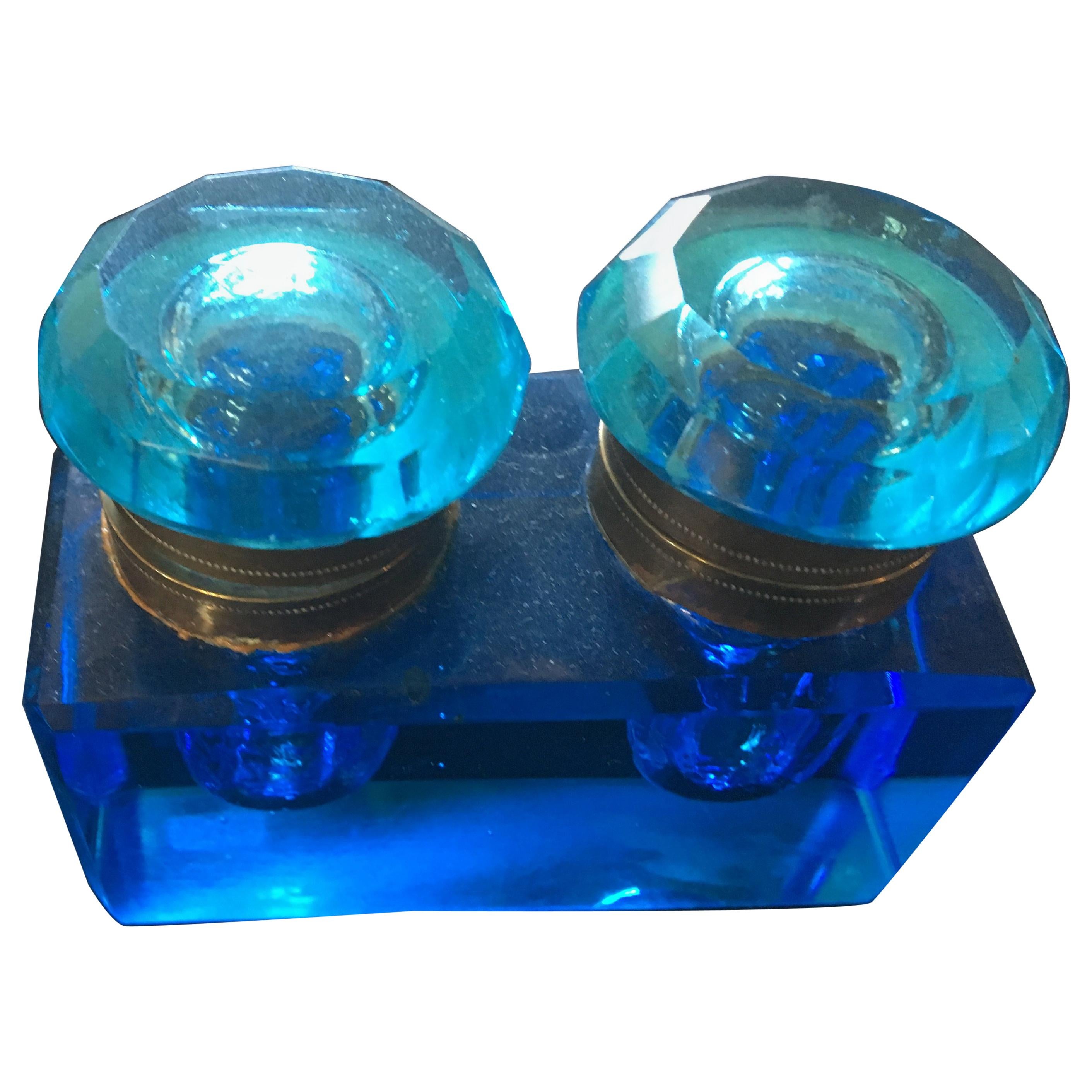Vintage Rare Late 19th Century Light Blue Crystal Inkwell