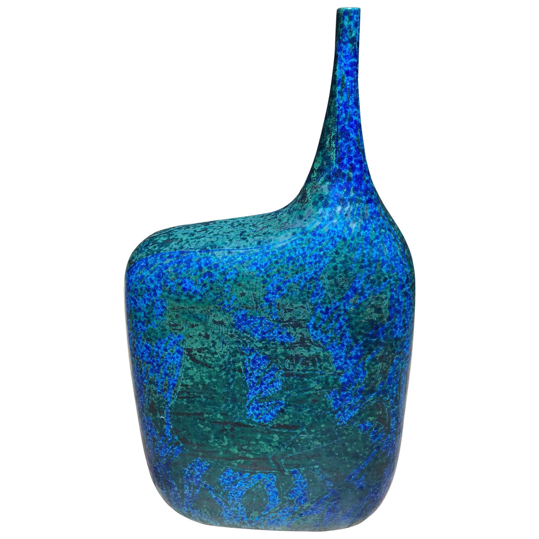 Blue and Green Ceramic Vase in the Style of Marcello Fantoni For Sale