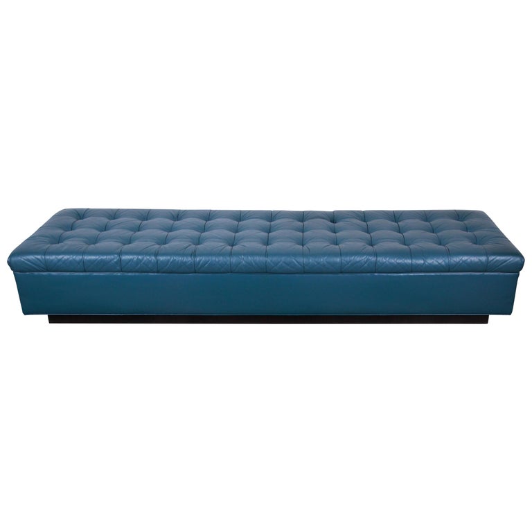 Edward Wormley for Dunbar Custom Tufted Blue Leather Long Benches, Two Available For Sale at 1stdibs