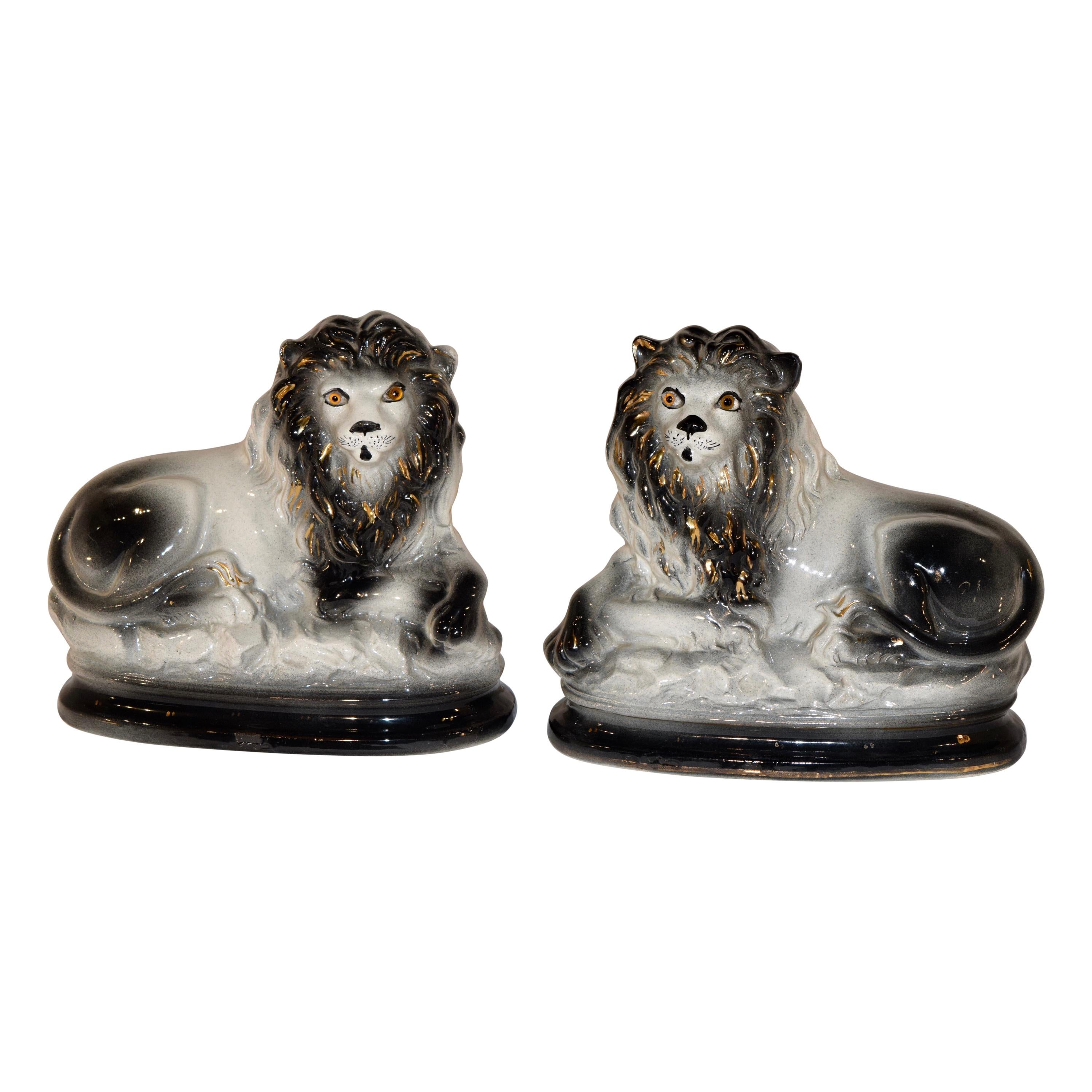 19th Century Pair of Staffordshire Lions