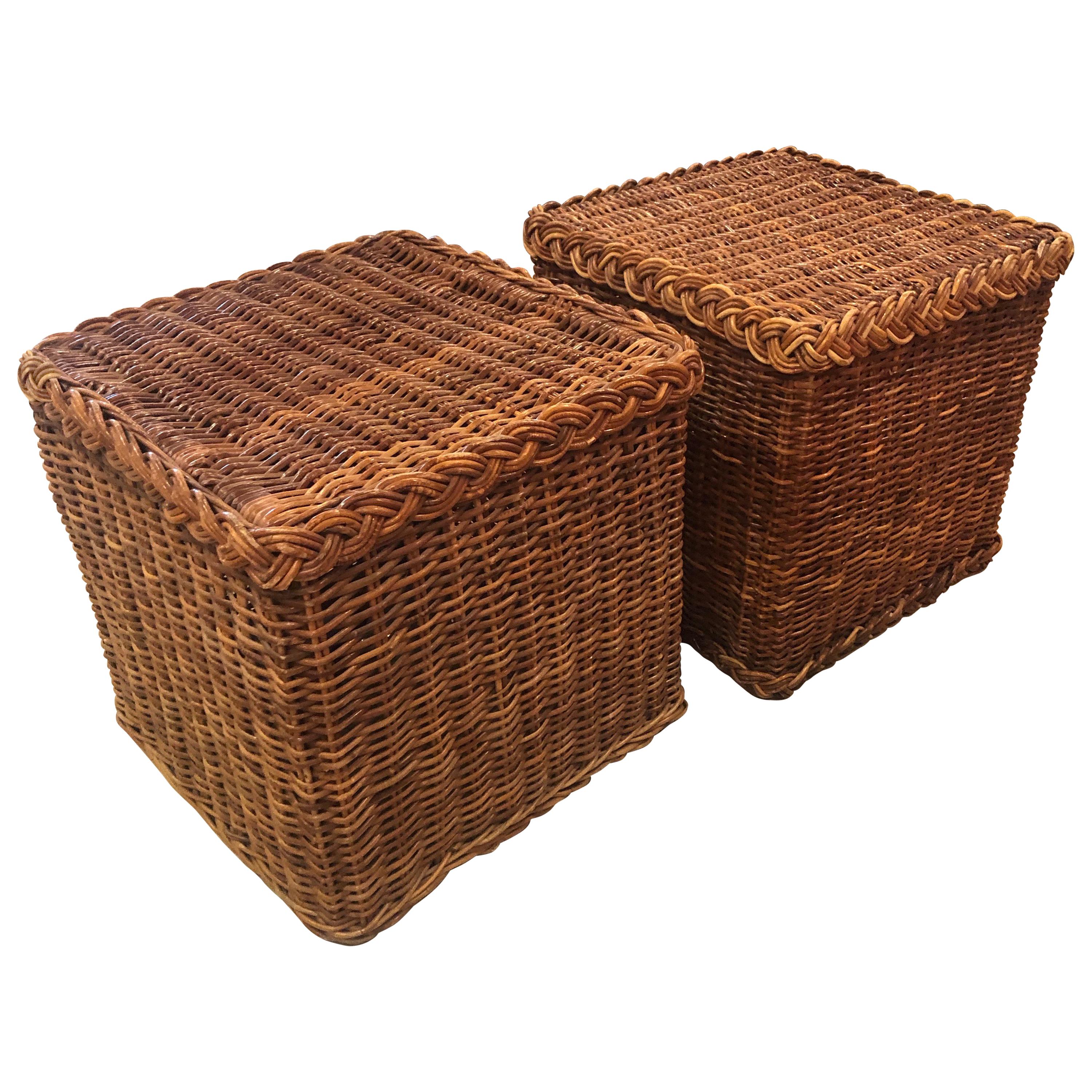 Vintage Pair of Braided Wicker Rattan Side End Tables Benches Square