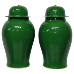 Pair of Large Emerald Green Chinese Glazed Vases