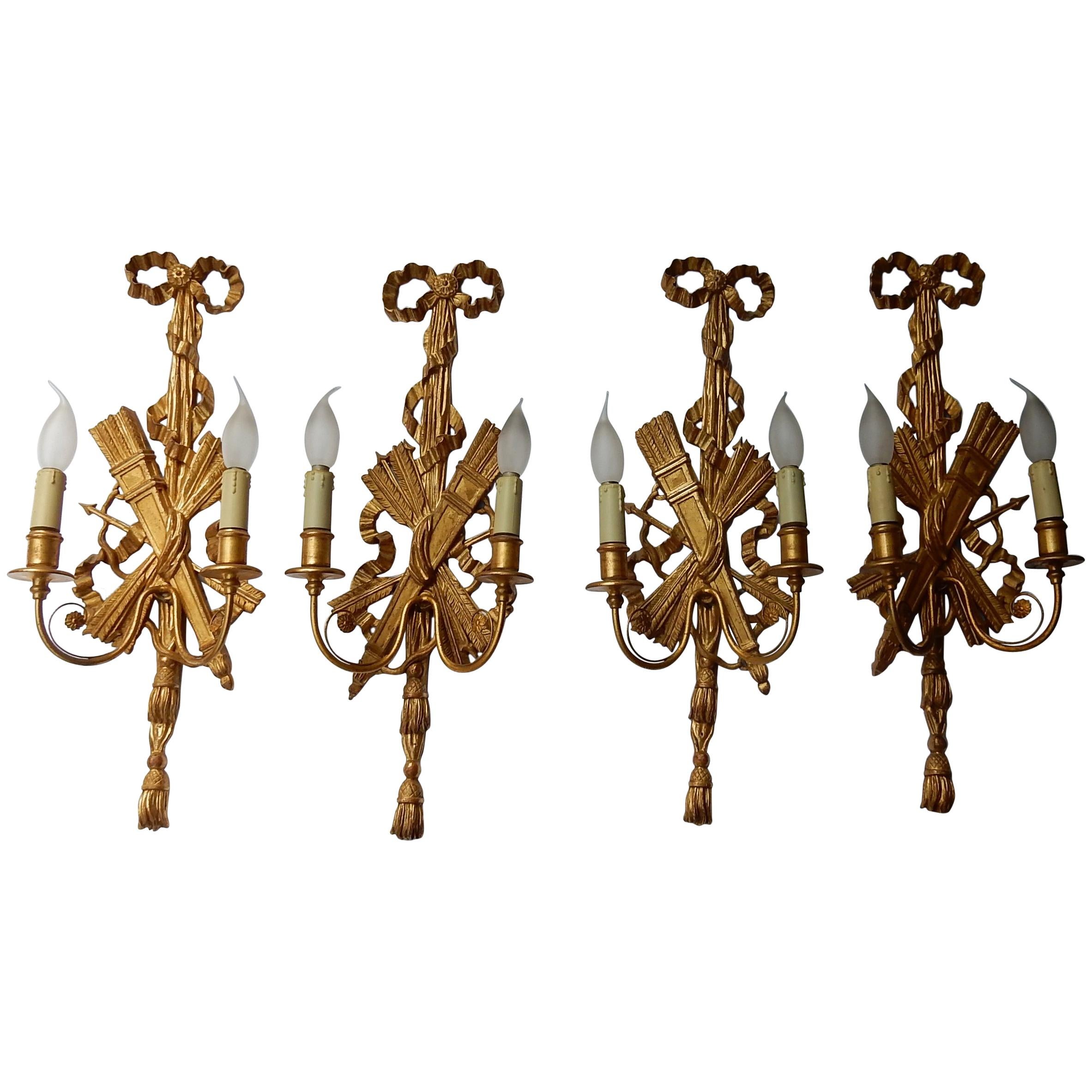 2 Pair of Sconces, Golden Wood and Golden Iron Attributes with Arrows, 1950-1970 For Sale
