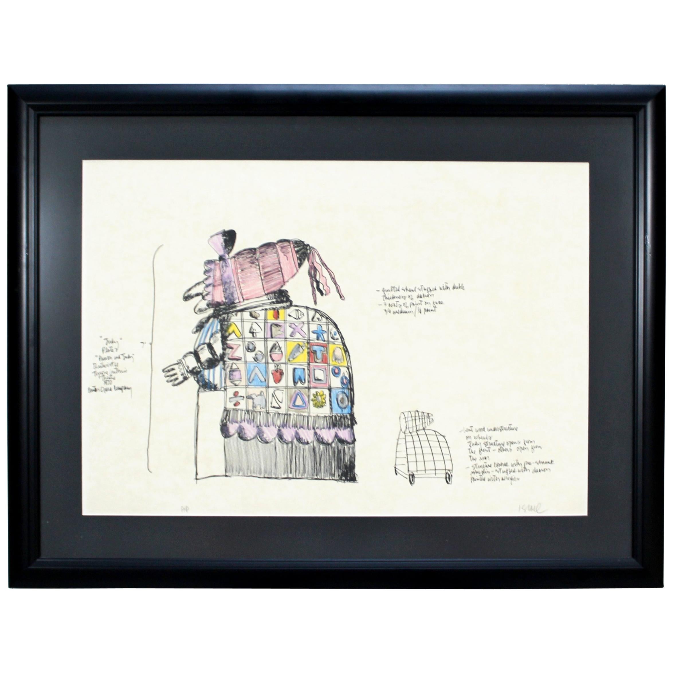 Mid-Century Modern Framed Robert Israel Signed AP Hand Colored Litho Punch Judy