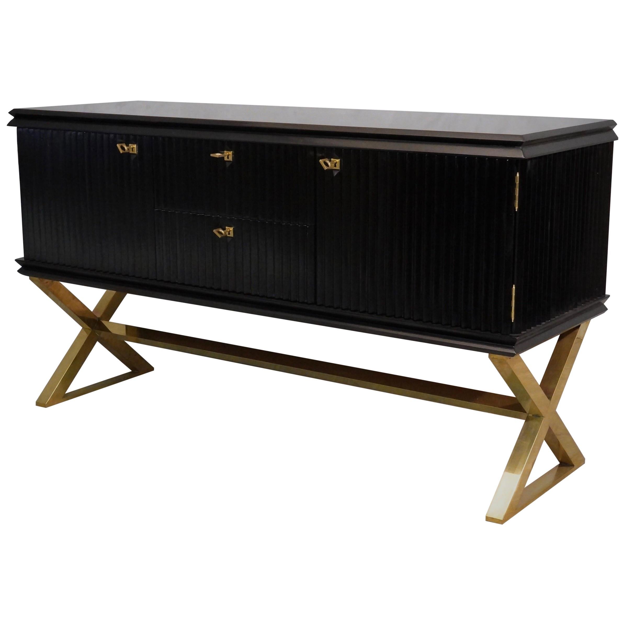 Midcentury Black Shellac and Brass Italian Sideboard, 1950