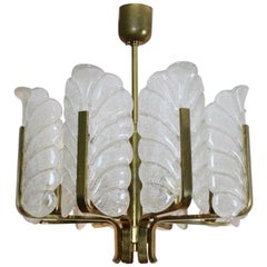 Carl Fagerlund Brass Chandelier with Eight Glass Leaves for Orrefors Sweden