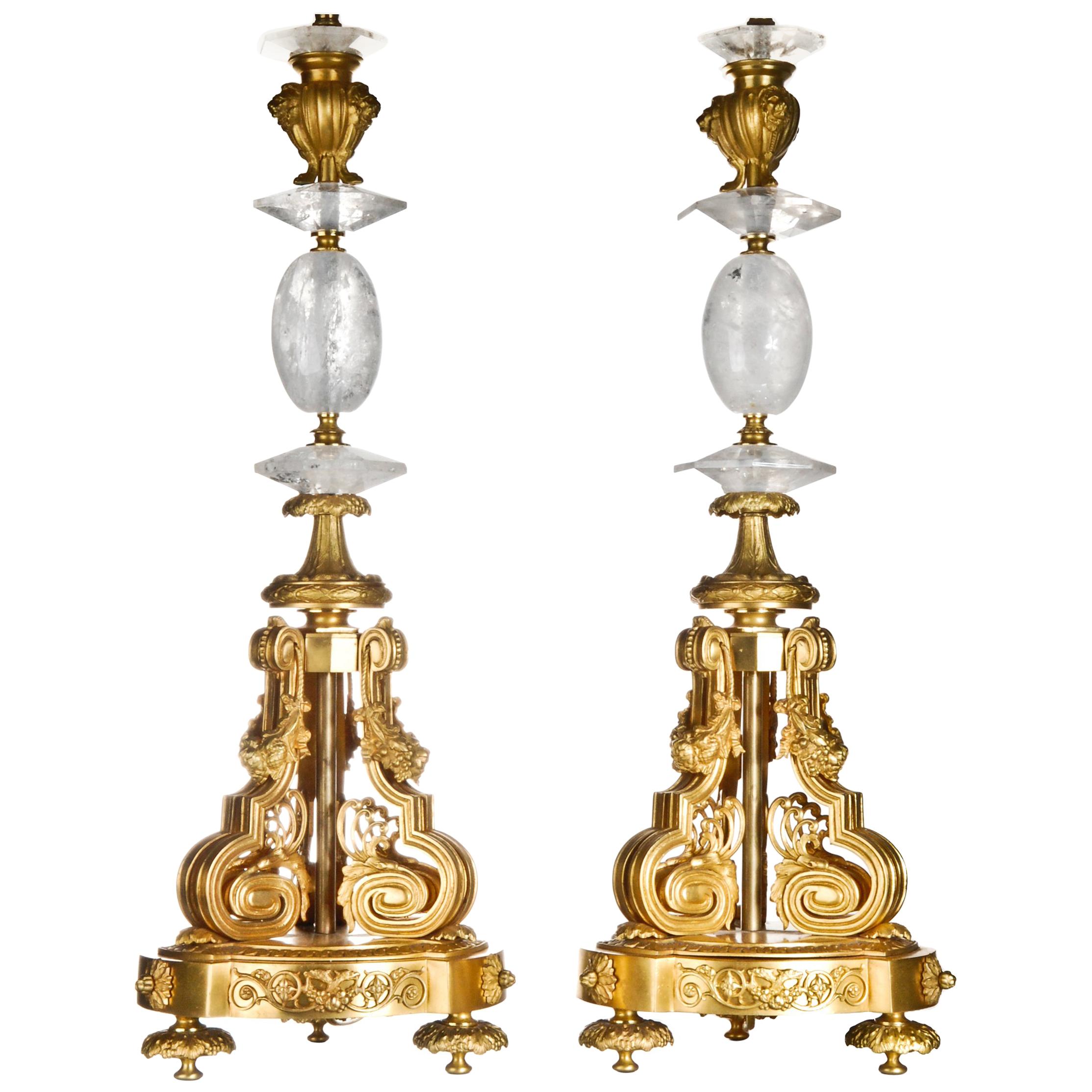 Pair of French Louis XVI Style Rock Crystal and Gilt Bronze Lamps For Sale