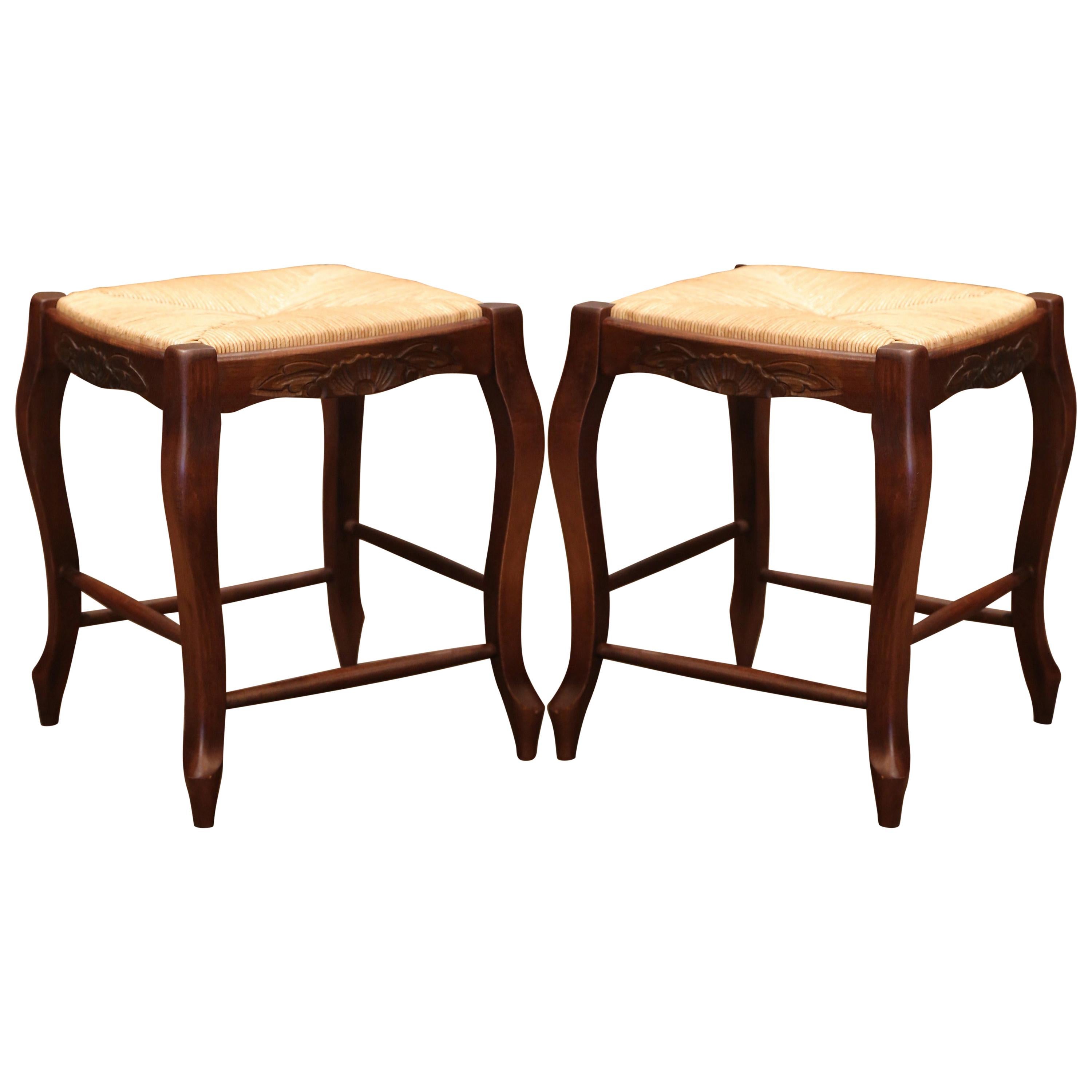Pair of French Louis XV Carved Beech Wood Stools with Rush Seat
