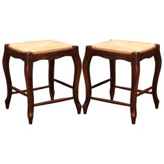 Pair of French Louis XV Carved Beech Wood Stools with Rush Seat