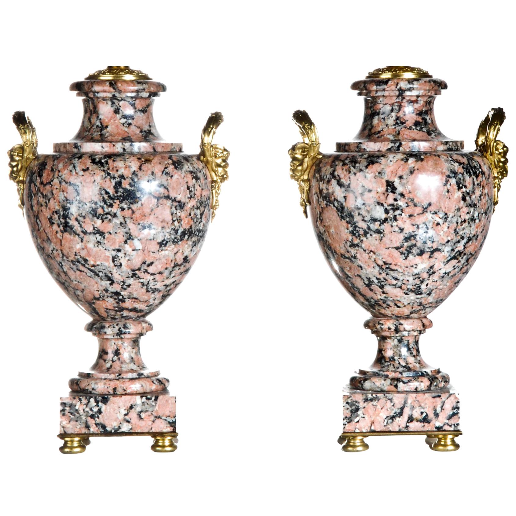 Pair of French Louis XVI Style Urn Form Gilt Bronze Mounted Granite Lamps For Sale