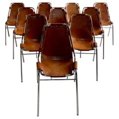 Les Arcs Dining Chairs Leather Set of Ten, 1970s