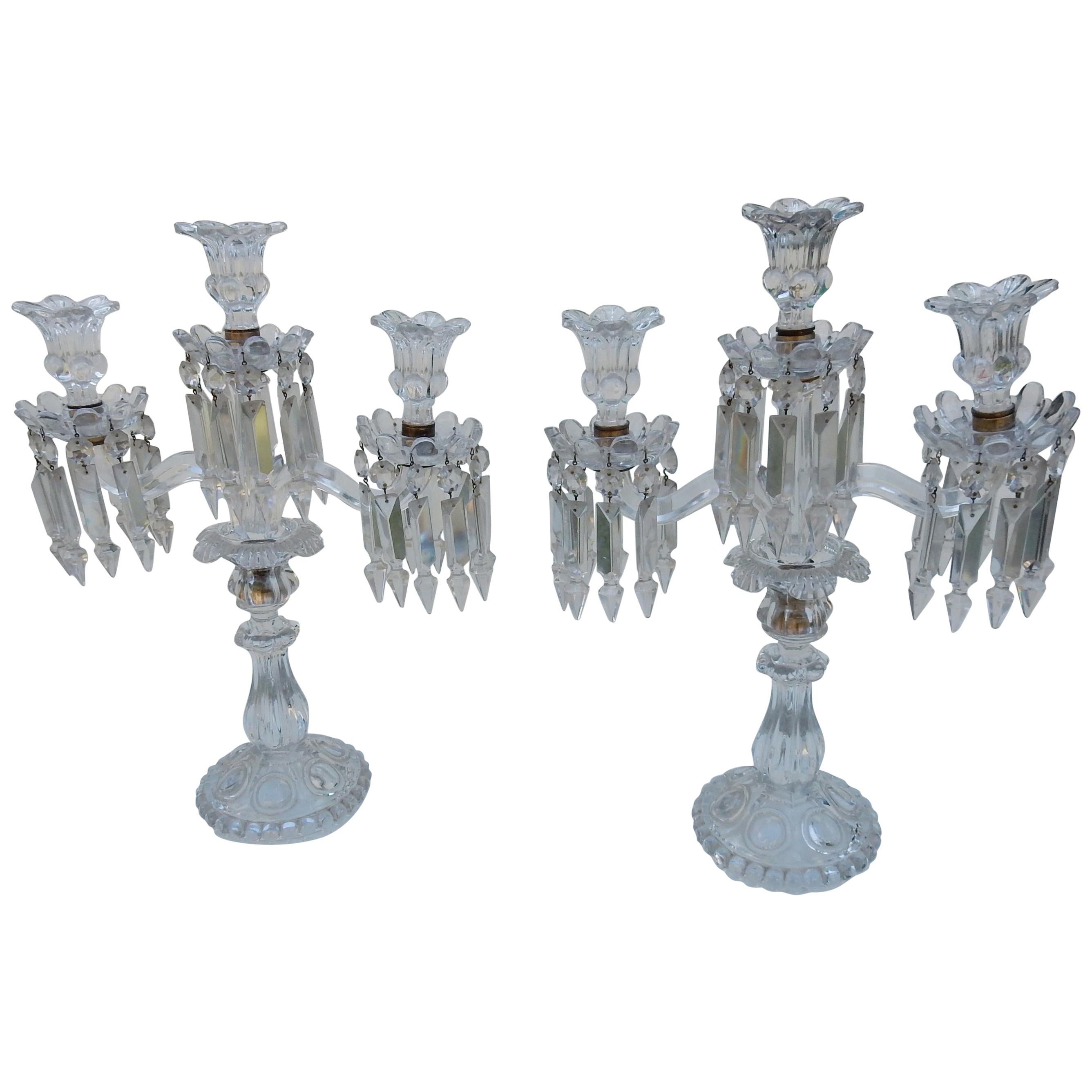 1950 Pair of Baccarat Crystal Chandeliers with 2 Arms and Signed Baccarat
