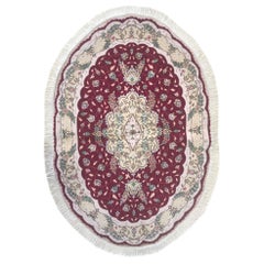 Retro Authentic Persian Hand Knotted Medallion Floral Tabriz Red Oval Shape Rug