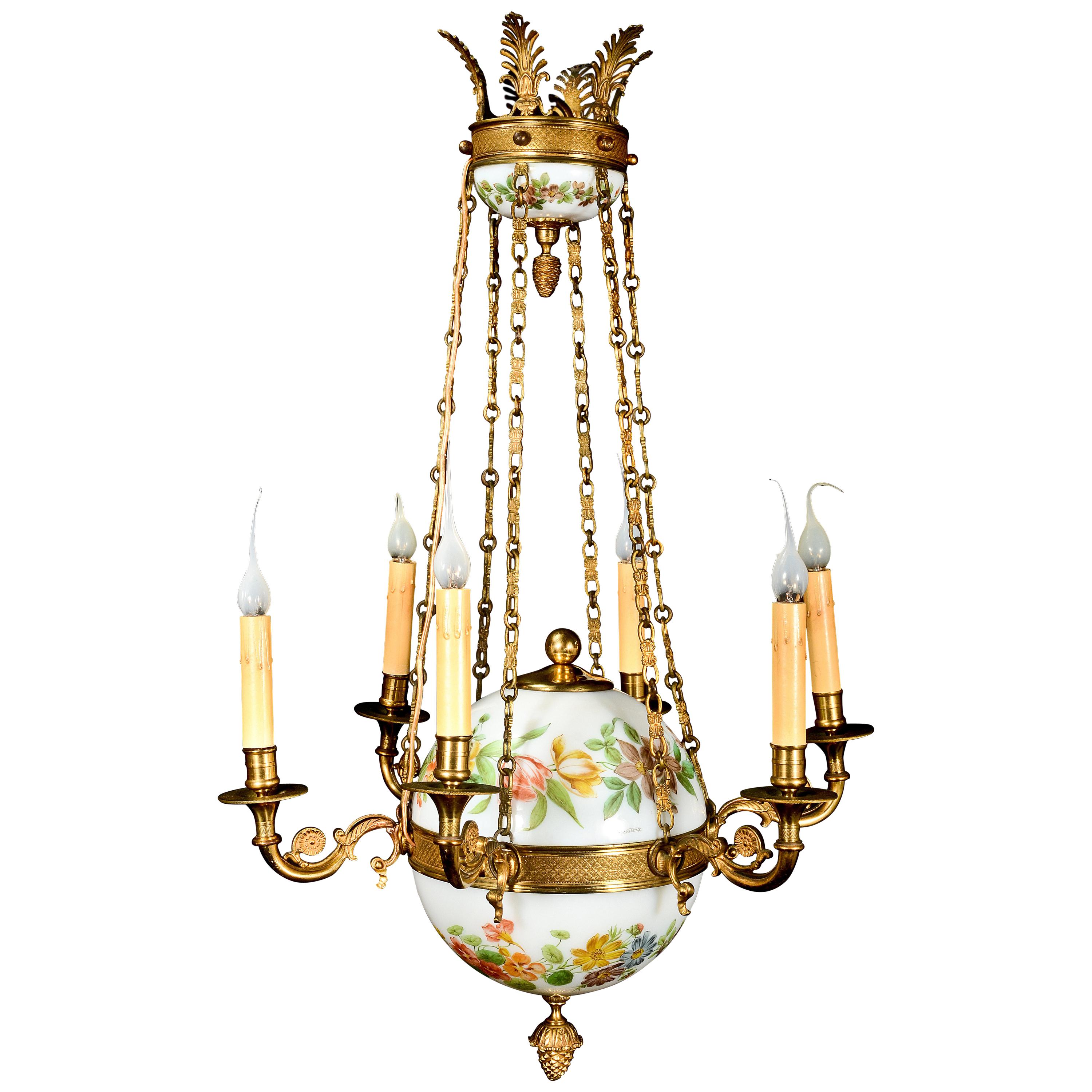 Fine Antique French Charles X Style Gilt Bronze and White Opaline Chandelier
