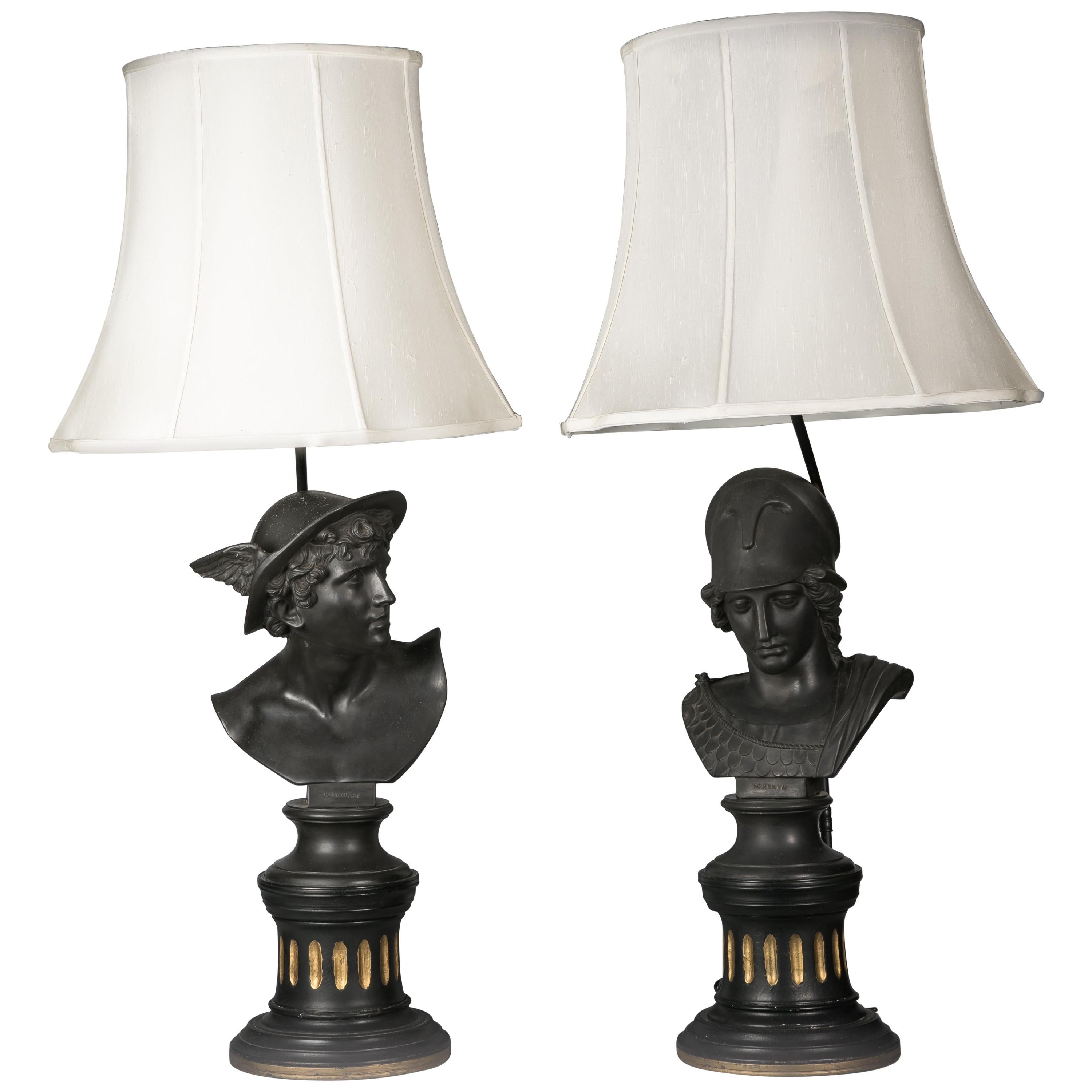 Pair of Wedgwood Basalt Busts Mounted as Lamps, 19th Century For Sale