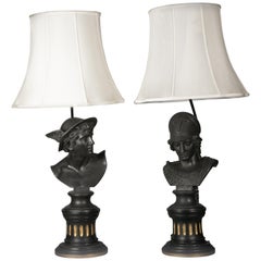 Antique Pair of Wedgwood Basalt Busts Mounted as Lamps, 19th Century