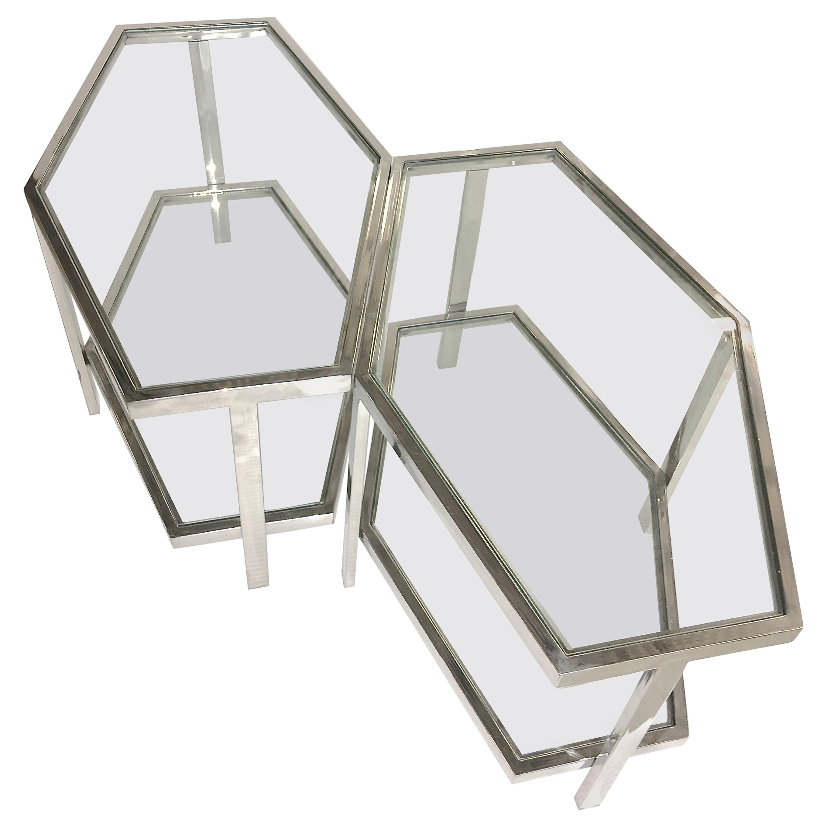 Pair of Chrome and Glass Hexagonal Two-Tier Side Tables